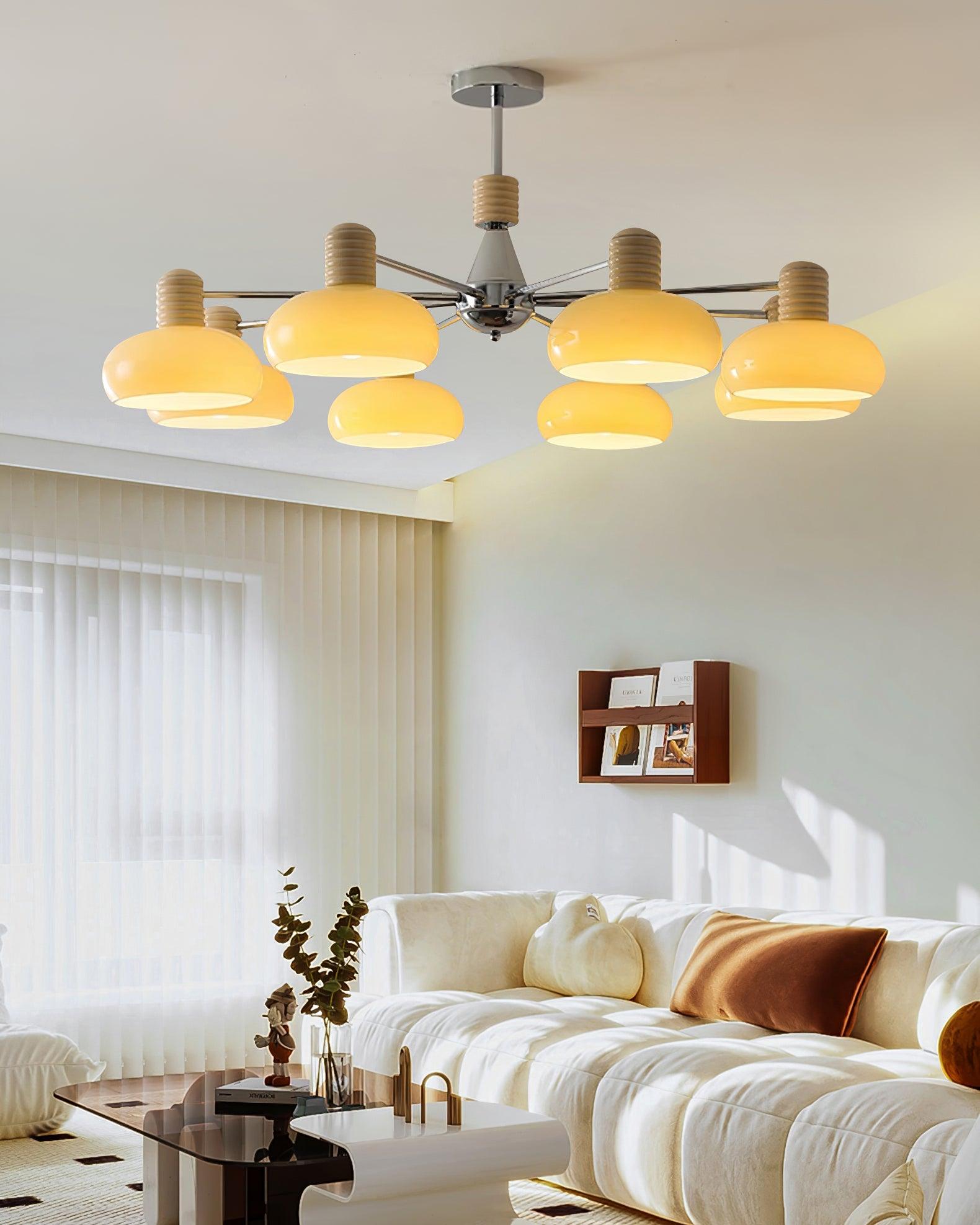 Chandelier Persimmon with Beige Glass Shades and Chrome Frame - Neutralighting