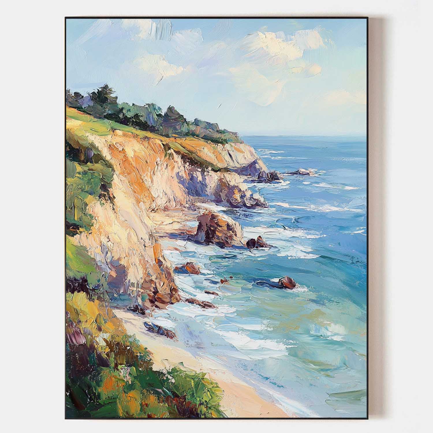 Blue‑Sand Tall Coastal‑Cliff Vibrant‑Seascape Artwork
