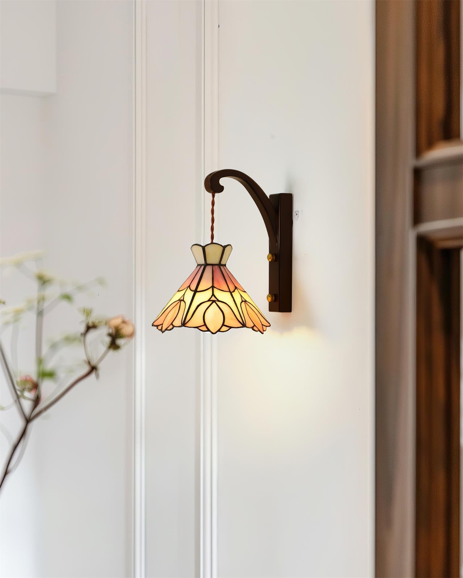 Wall Lamp Wood Body Tiffany Glass Shade Pink Floral Vintage Art - Neutralighting