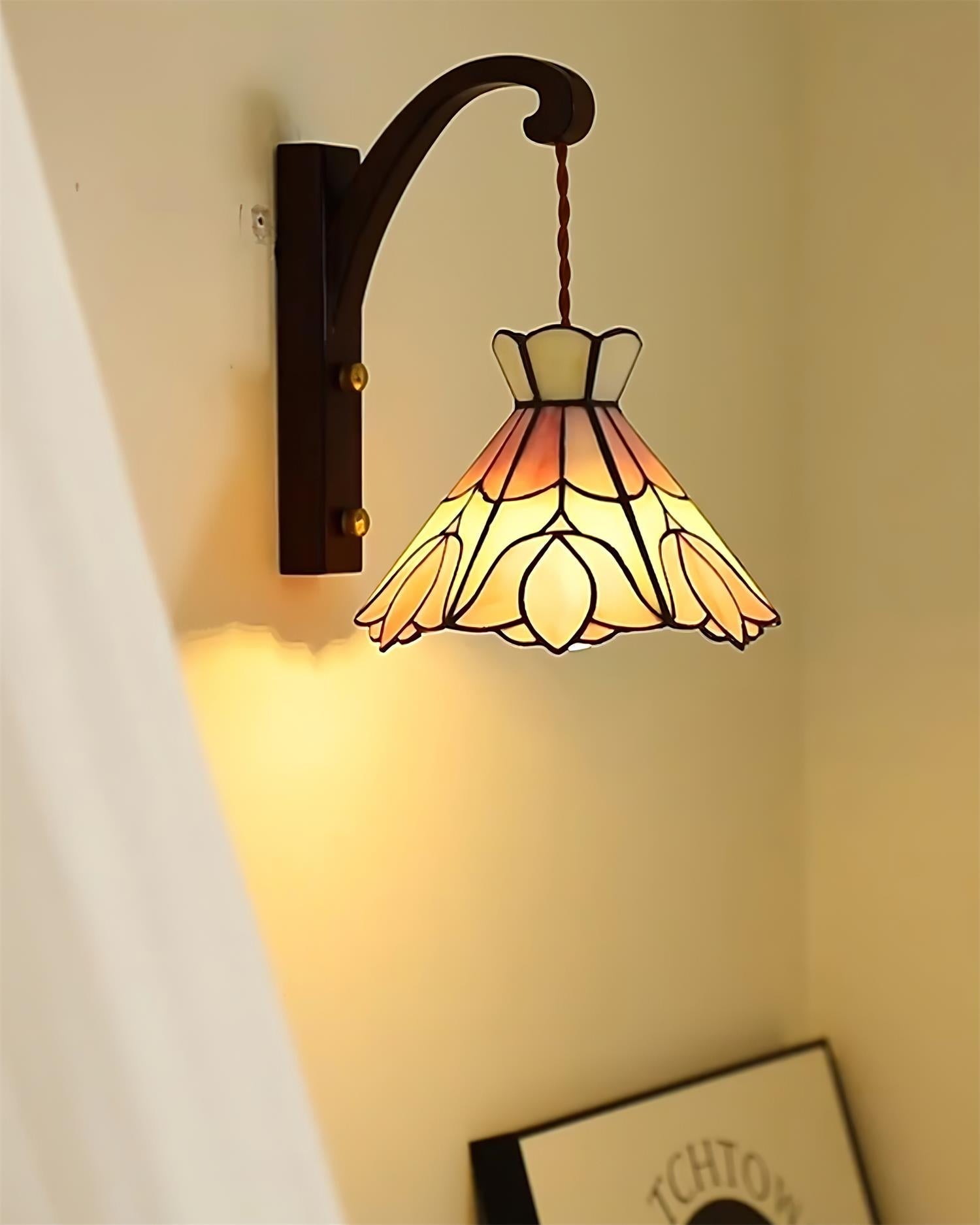 Wall Lamp Wood Body Tiffany Glass Shade Pink Floral Vintage Art - Neutralighting