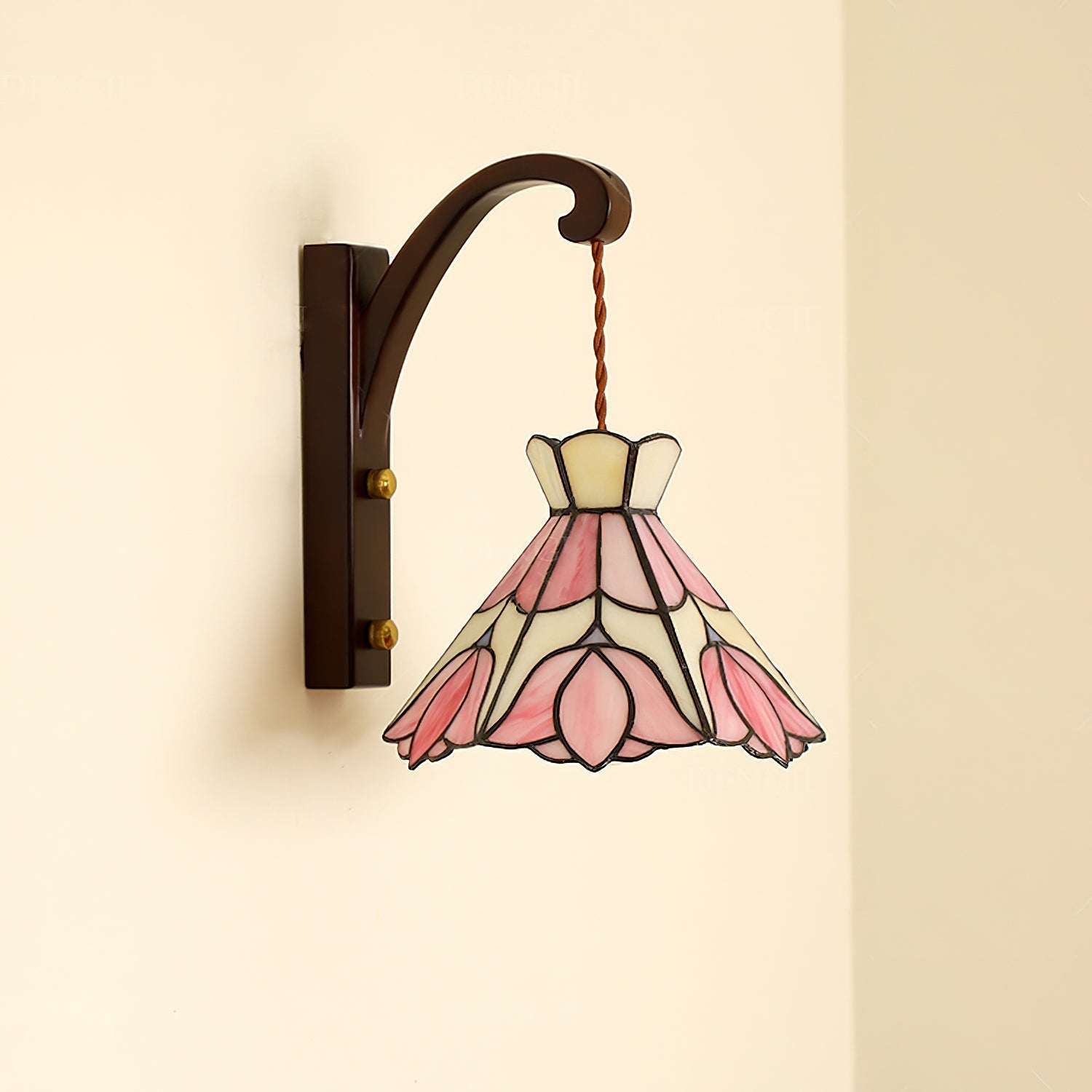Wall Lamp Wood Body Tiffany Glass Shade Pink Floral Vintage Art - Neutralighting