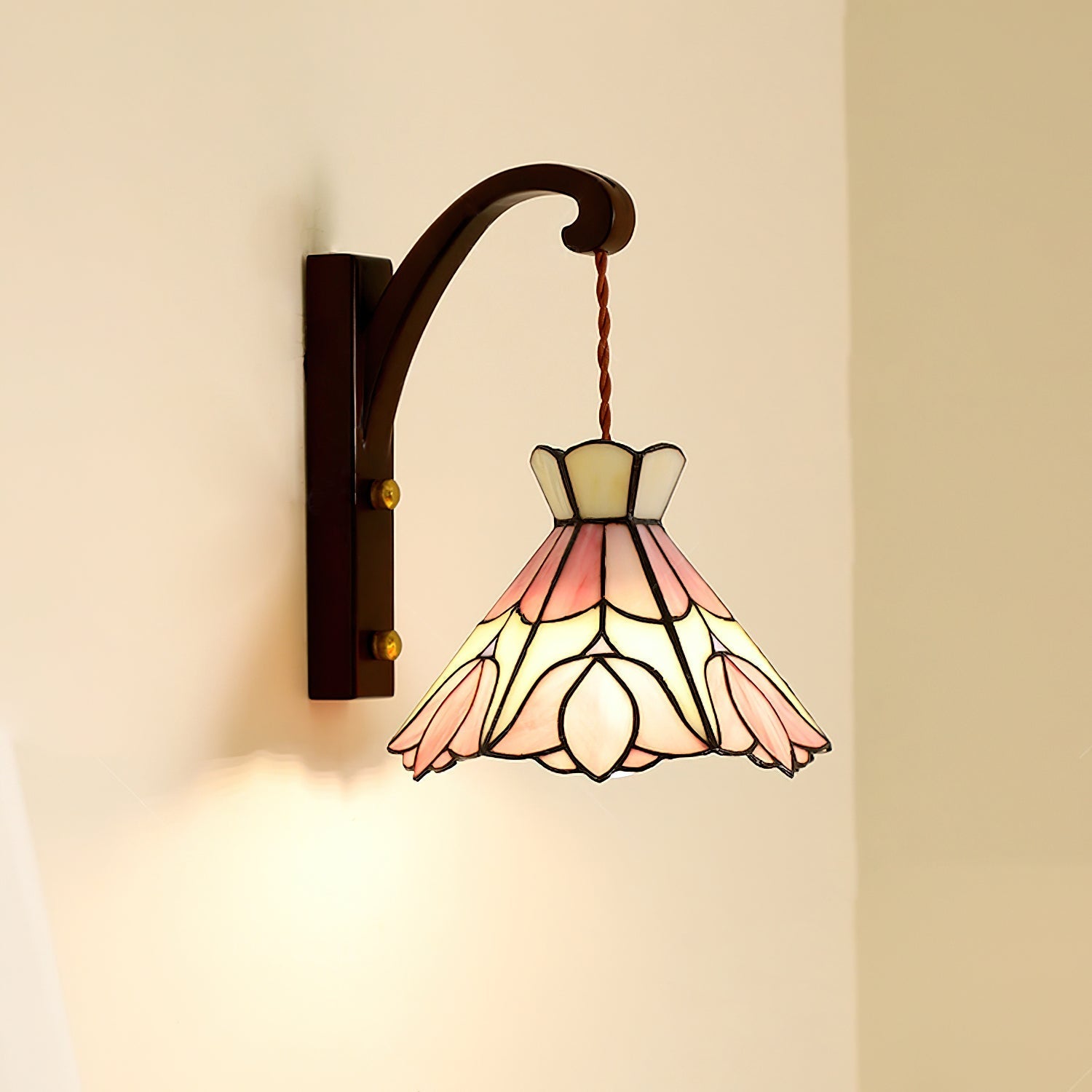 Wall Lamp Wood Body Tiffany Glass Shade Pink Floral Vintage Art - Neutralighting