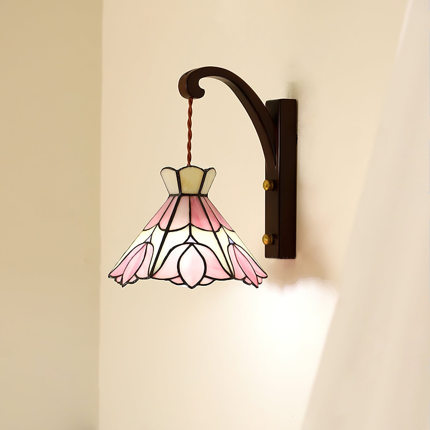 Wall Lamp Wood Body Tiffany Glass Shade Pink Floral Vintage Art - Neutralighting