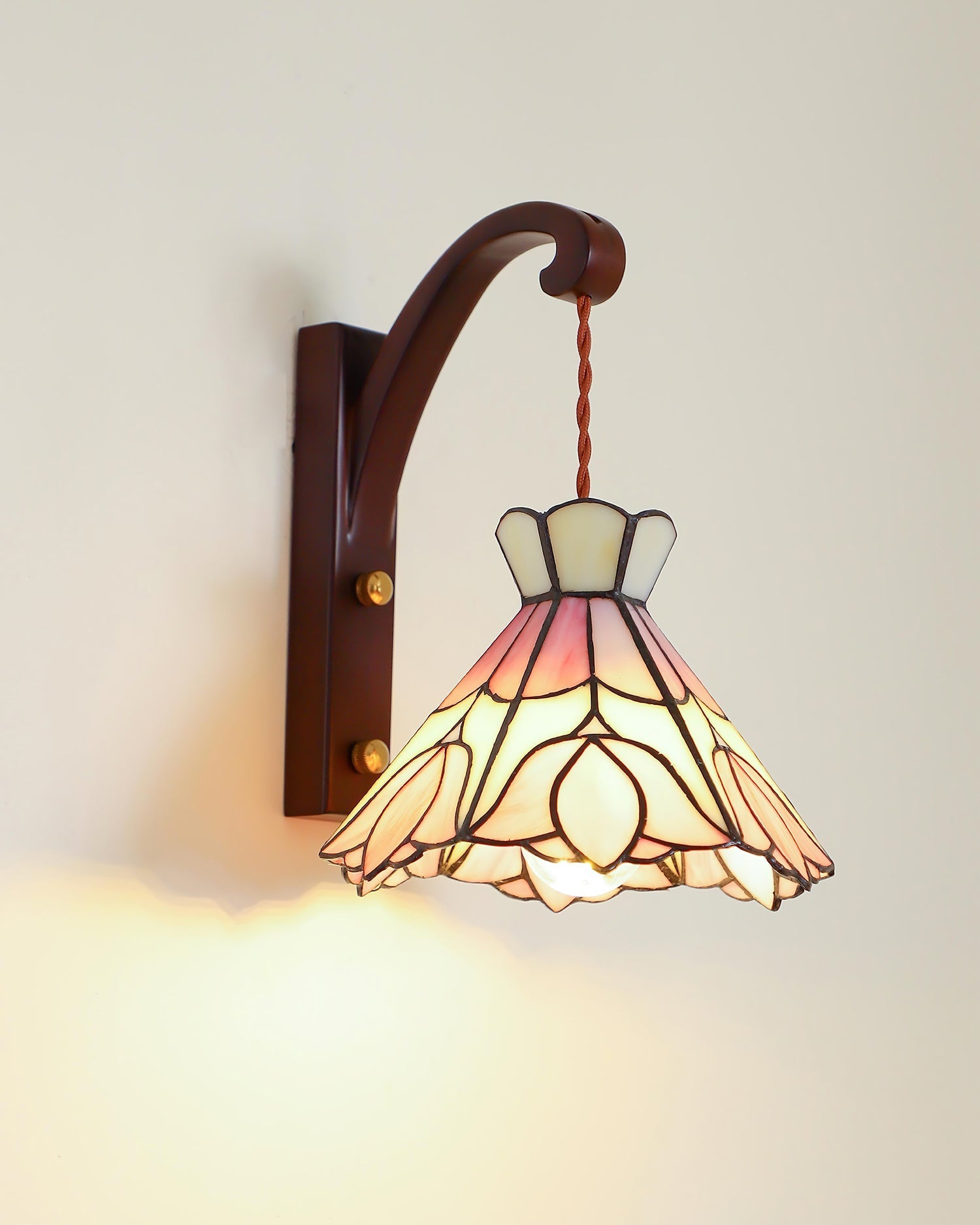 Wall Lamp Wood Body Tiffany Glass Shade Pink Floral Vintage Art - Neutralighting