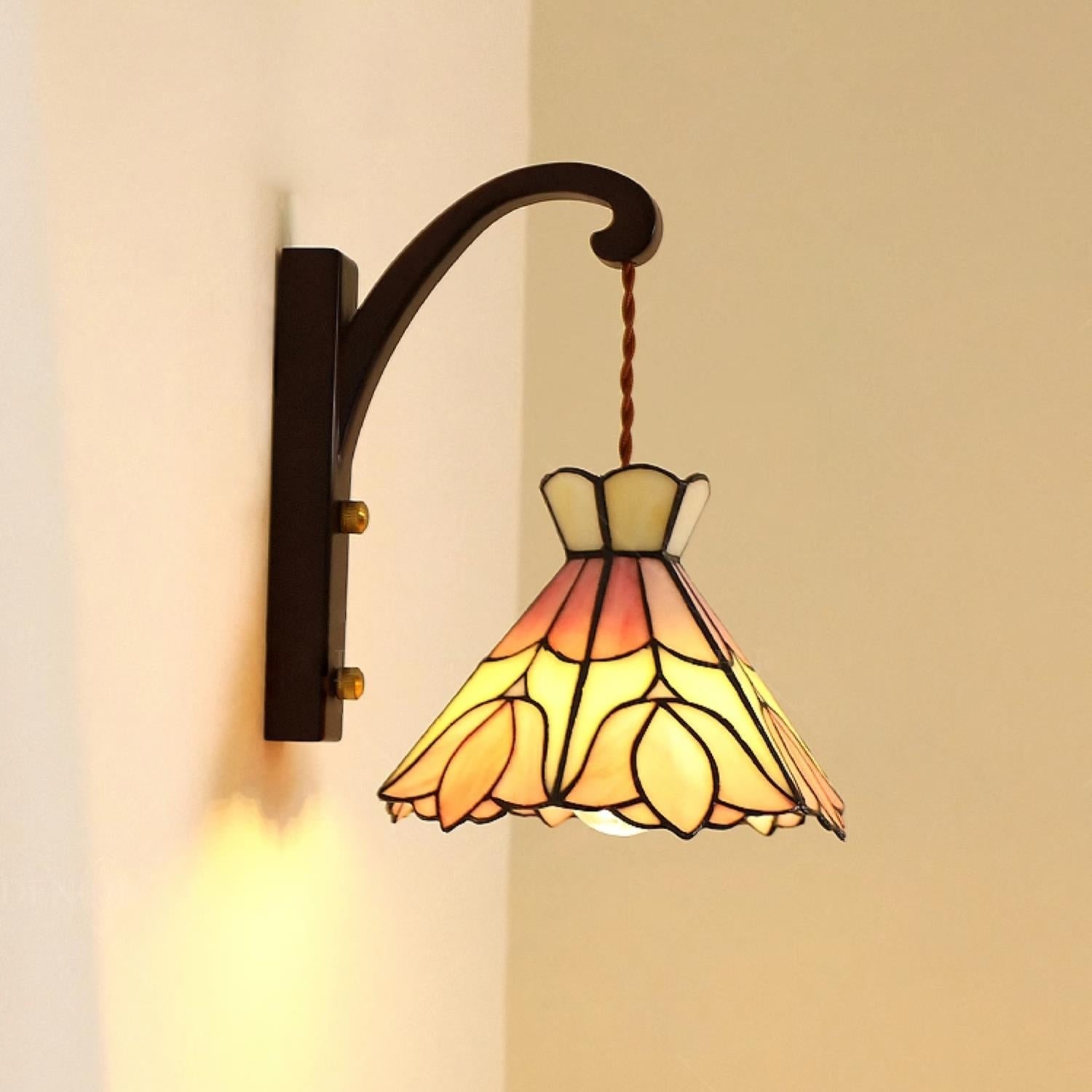 Wall Lamp Wood Body Tiffany Glass Shade Pink Floral Vintage Art - Neutralighting