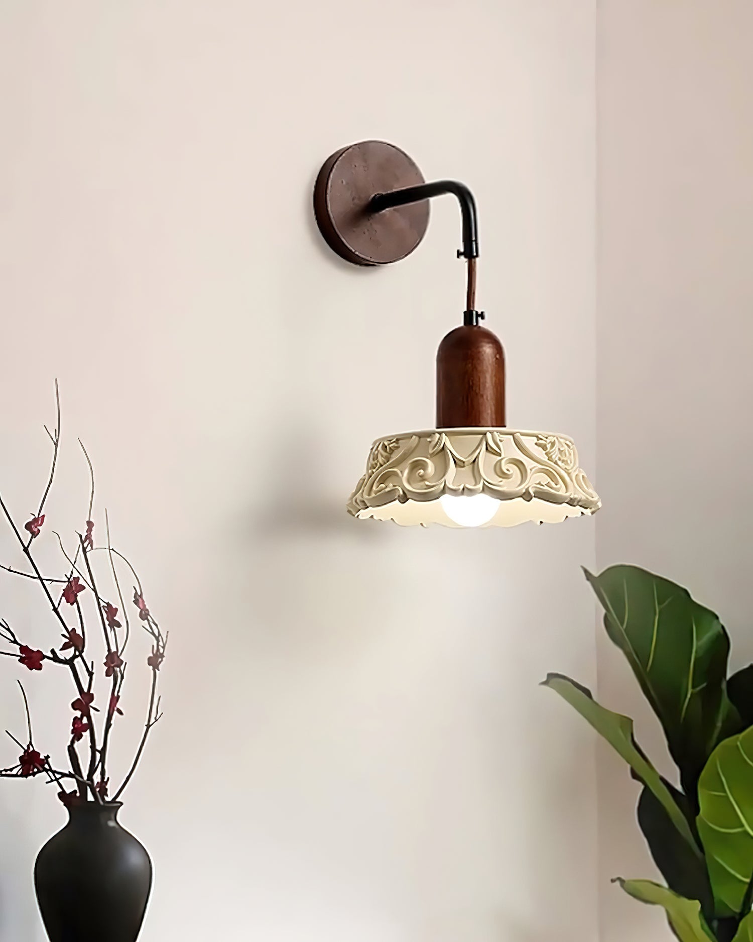 Wall Lamp with Carved Resin Shade Walnut Wood Arm Vintage - Neutralighting
