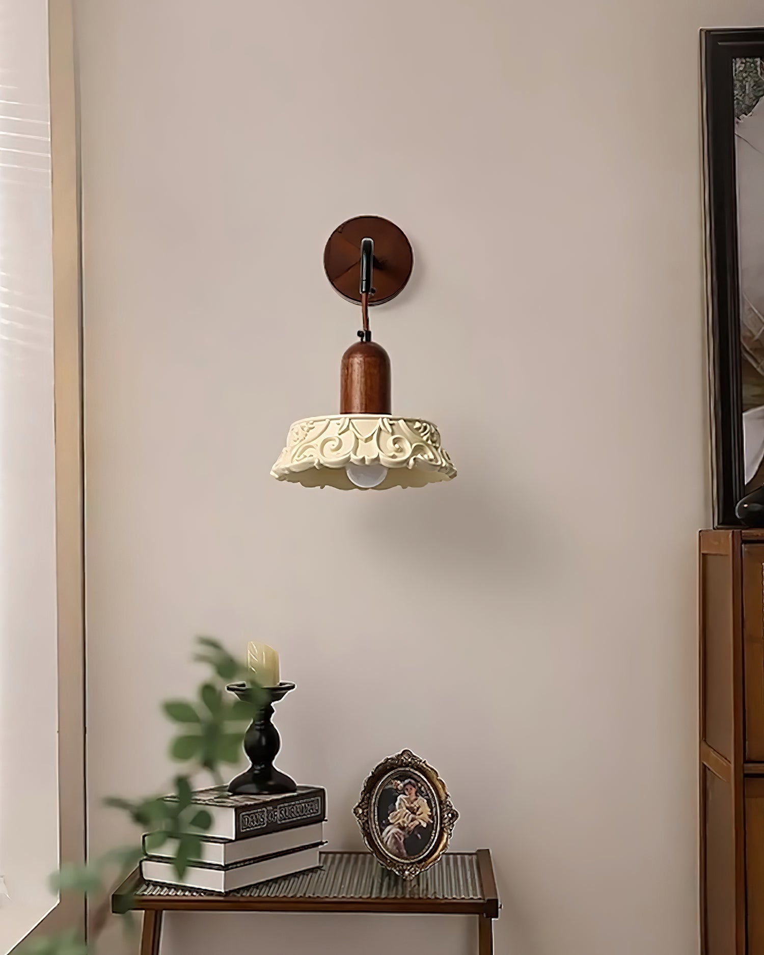 Wall Lamp with Carved Resin Shade Walnut Wood Arm Vintage - Neutralighting