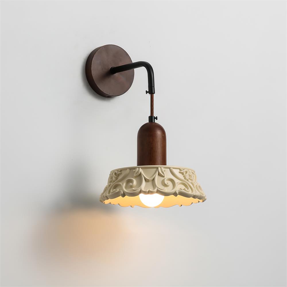 Wall Lamp with Carved Resin Shade Walnut Wood Arm Vintage - Neutralighting