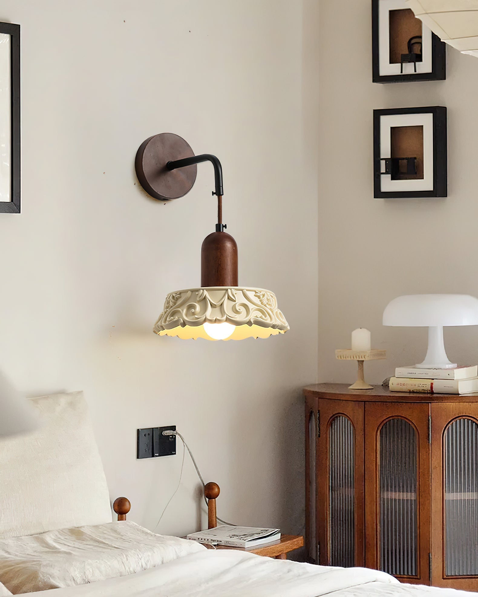 Wall Lamp with Carved Resin Shade Walnut Wood Arm Vintage - Neutralighting