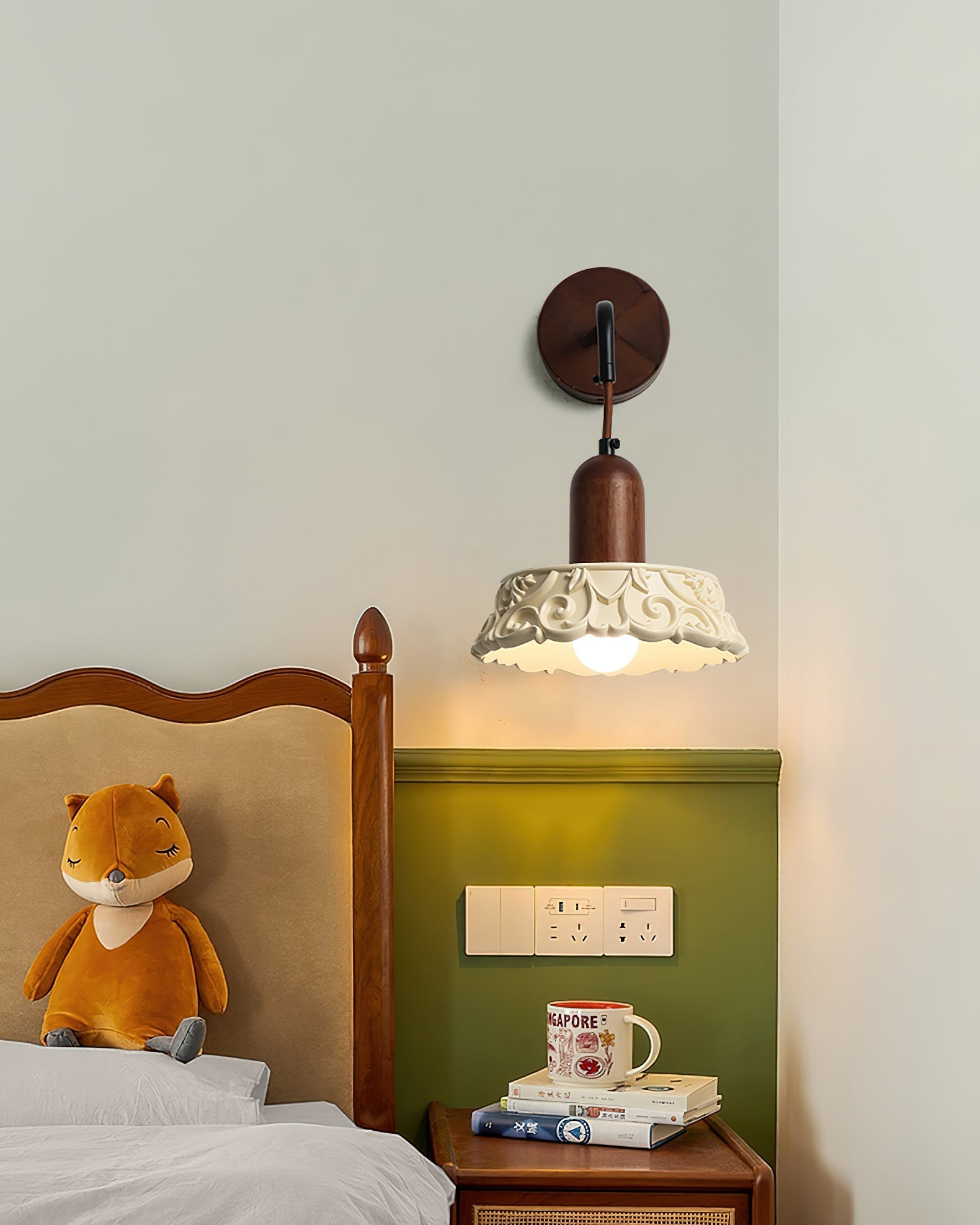 Wall Lamp with Carved Resin Shade Walnut Wood Arm Vintage - Neutralighting