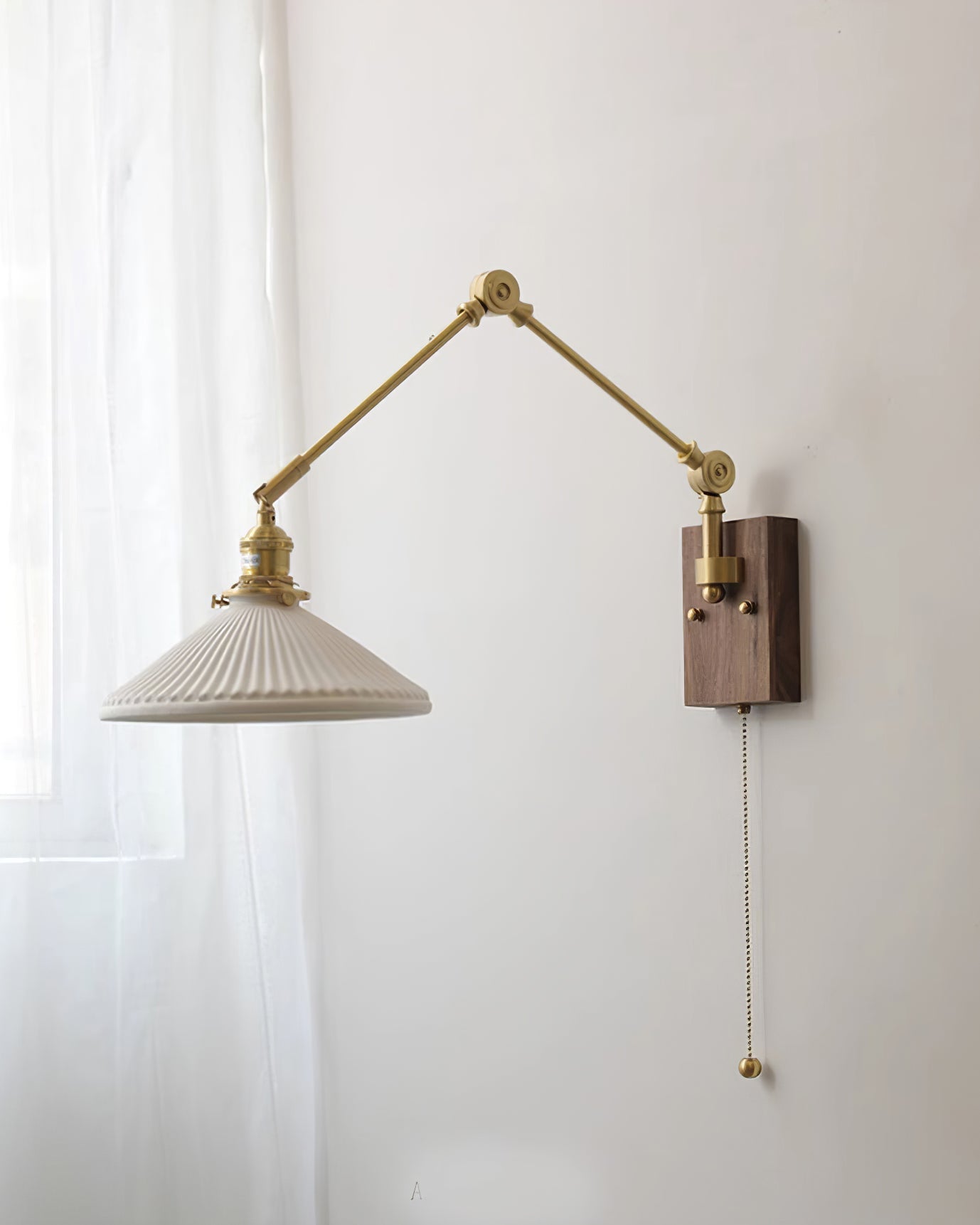 Wall Lamp Adjustable Arm Pleated Shade Walnut Base Vintage Task - Neutralighting