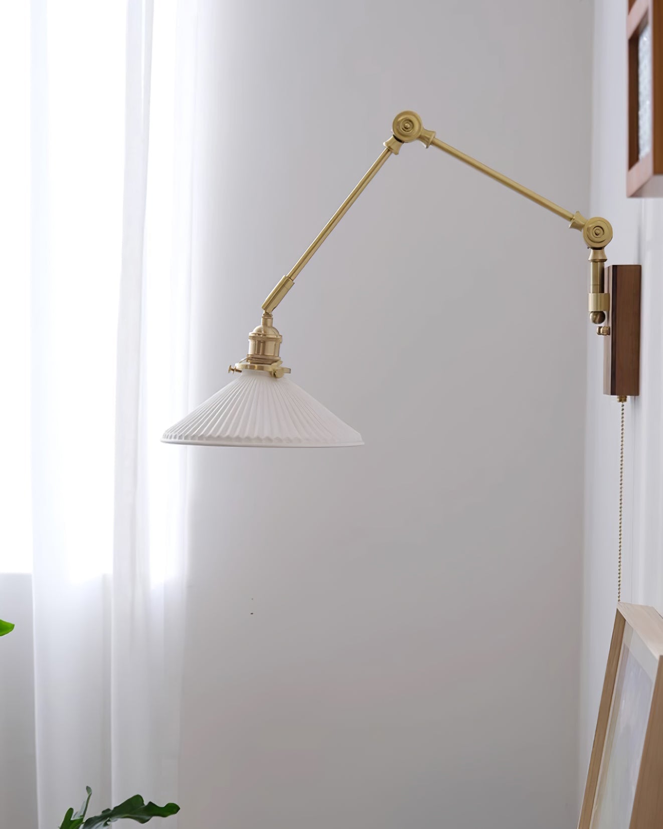 Wall Lamp Adjustable Arm Pleated Shade Walnut Base Vintage Task - Neutralighting