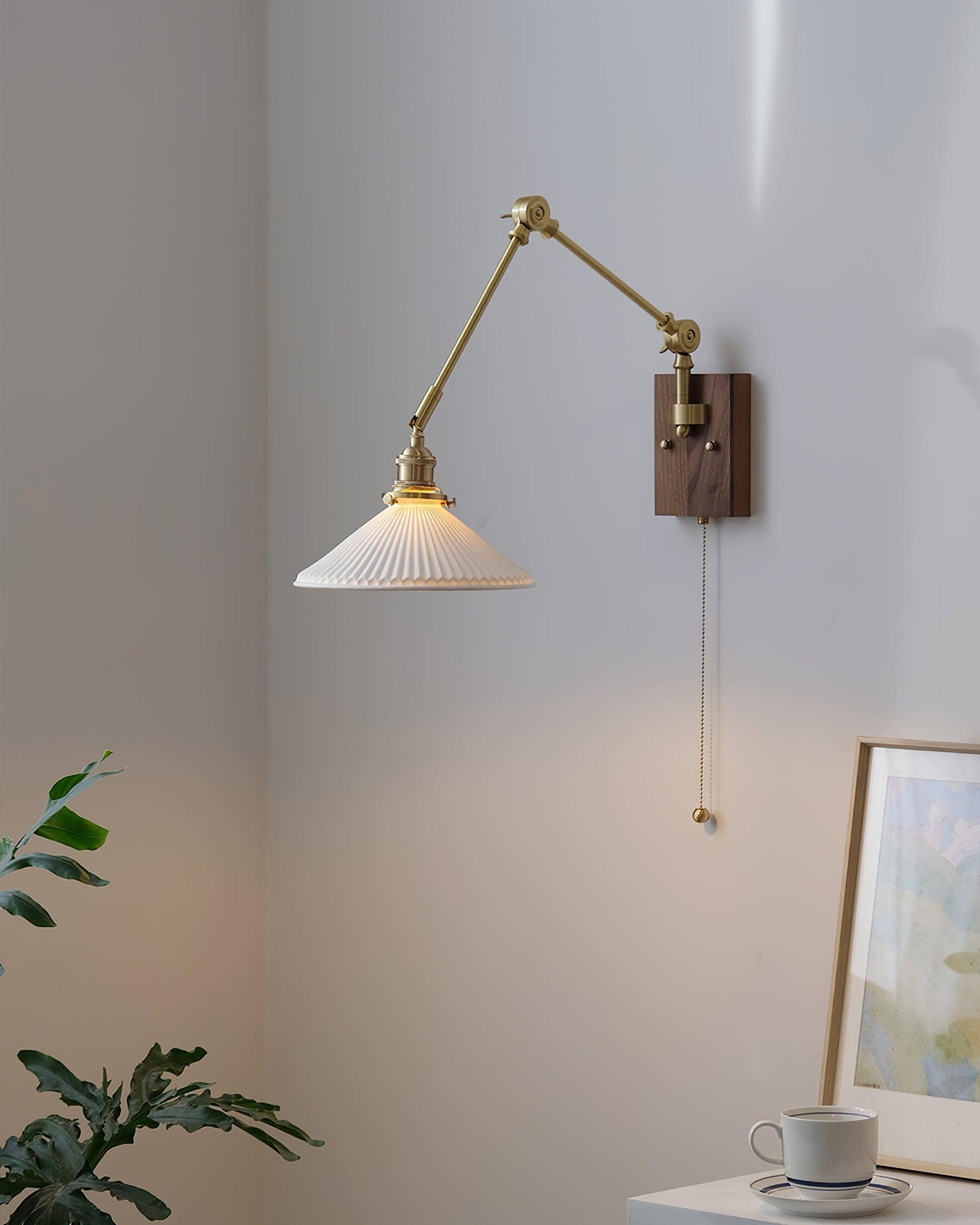 Wall Lamp Adjustable Arm Pleated Shade Walnut Base Vintage Task - Neutralighting