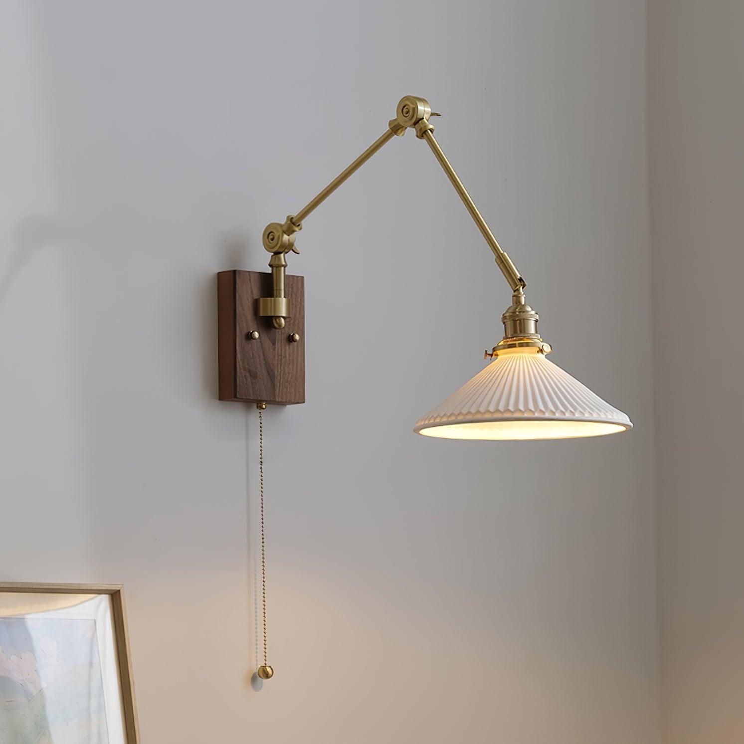 Wall Lamp Adjustable Arm Pleated Shade Walnut Base Vintage Task - Neutralighting