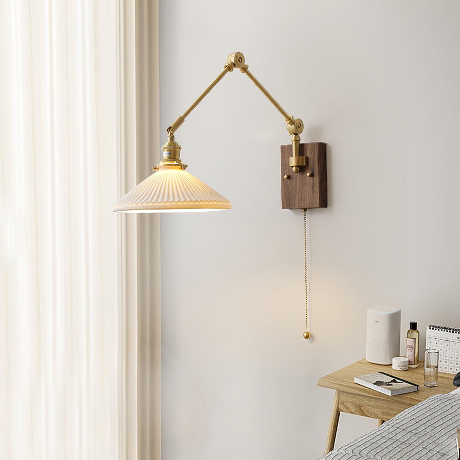 Wall Lamp Adjustable Arm Pleated Shade Walnut Base Vintage Task - Neutralighting