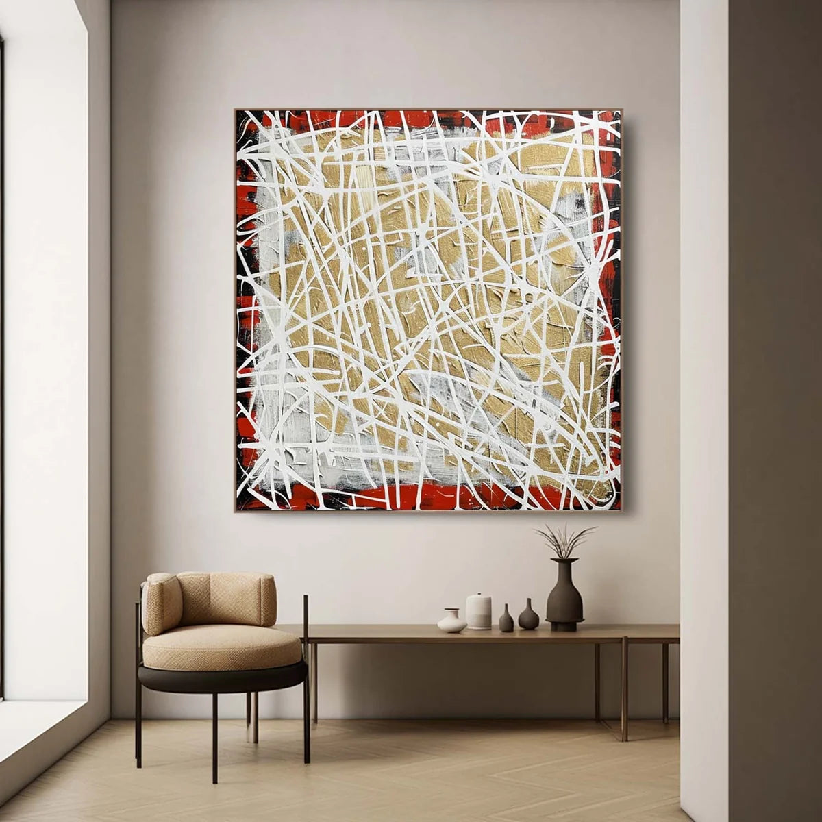 Tactile Red Gold Oil Painting White Web-Lines Luxe