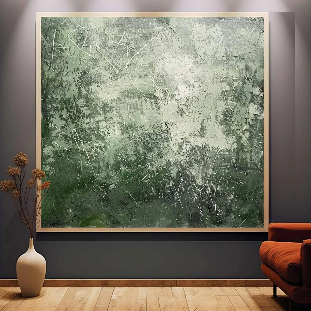 Expressionist Tactile Sage Green Oil Painting White Line Calm