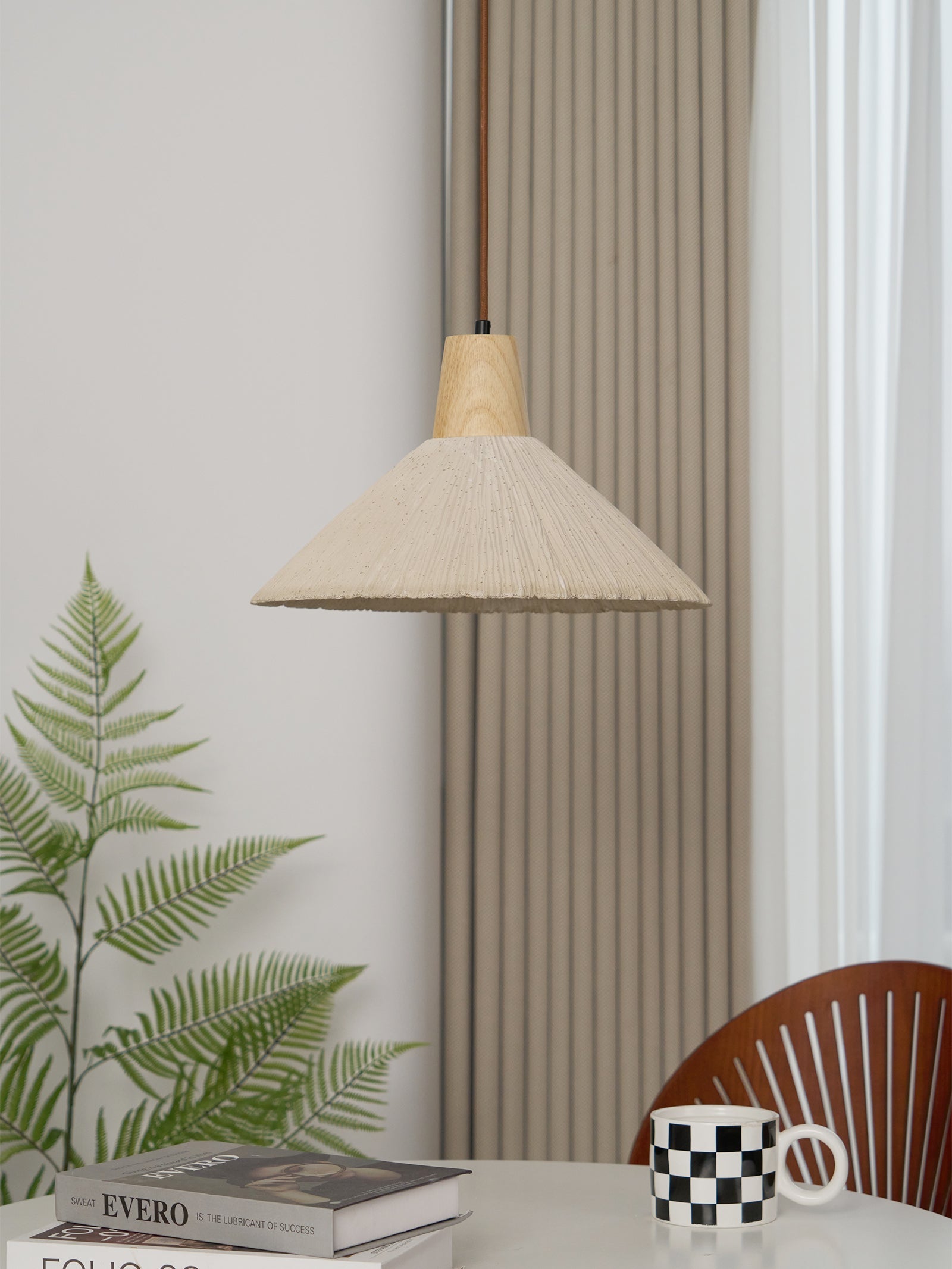 Pendant Lamp Wood Top Textured Cement Shade Grey Natural Japandi - Neutralighting
