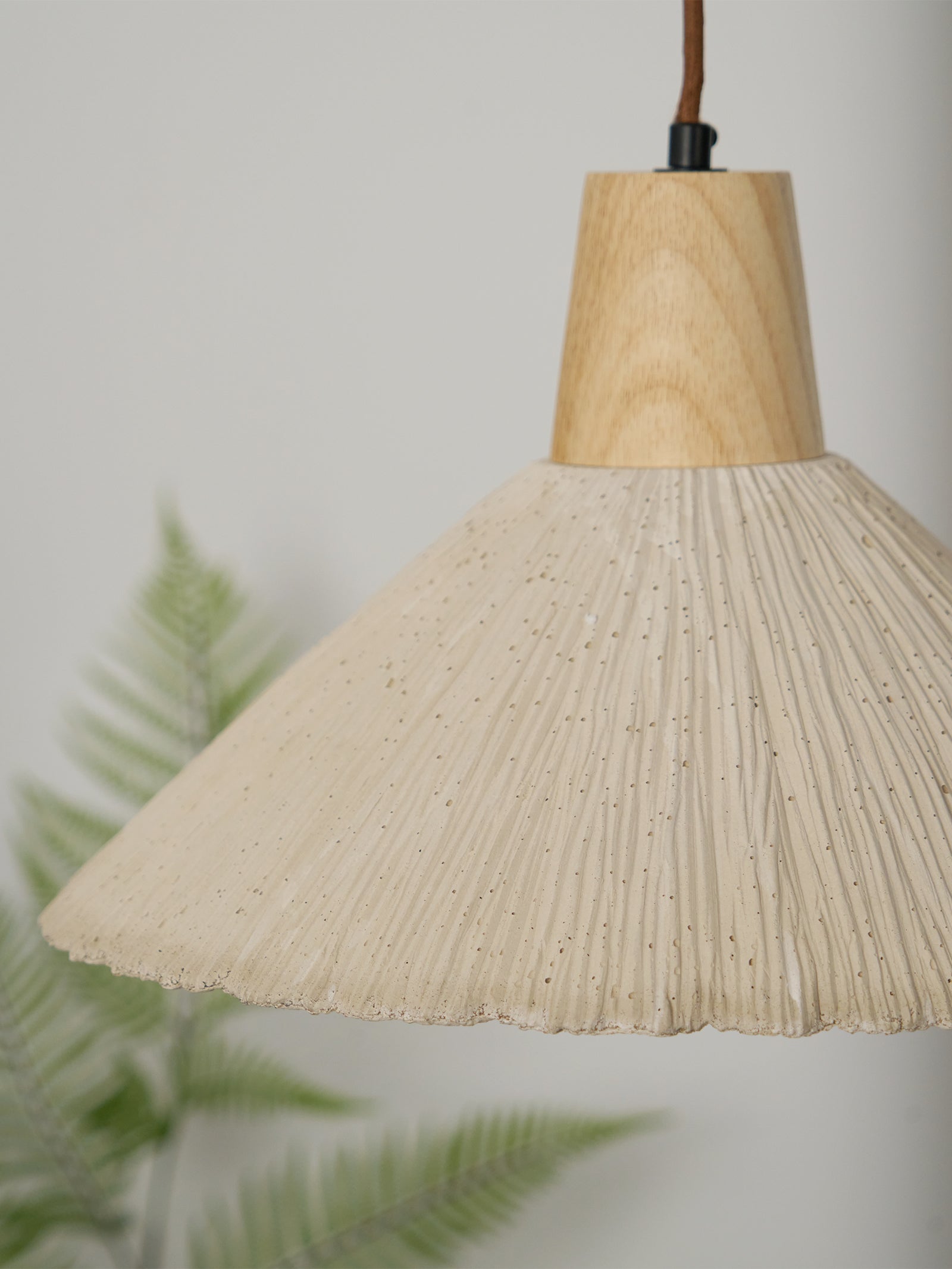 Pendant Lamp Wood Top Textured Cement Shade Grey Natural Japandi - Neutralighting