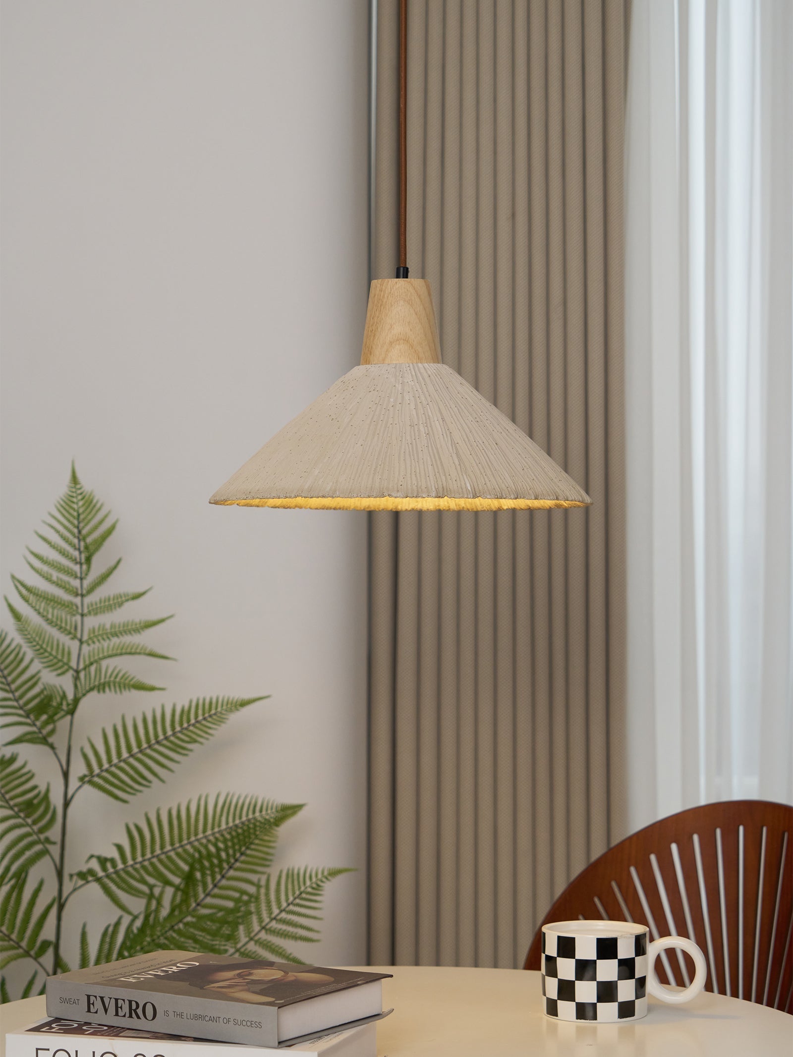 Pendant Lamp Wood Top Textured Cement Shade Grey Natural Japandi - Neutralighting