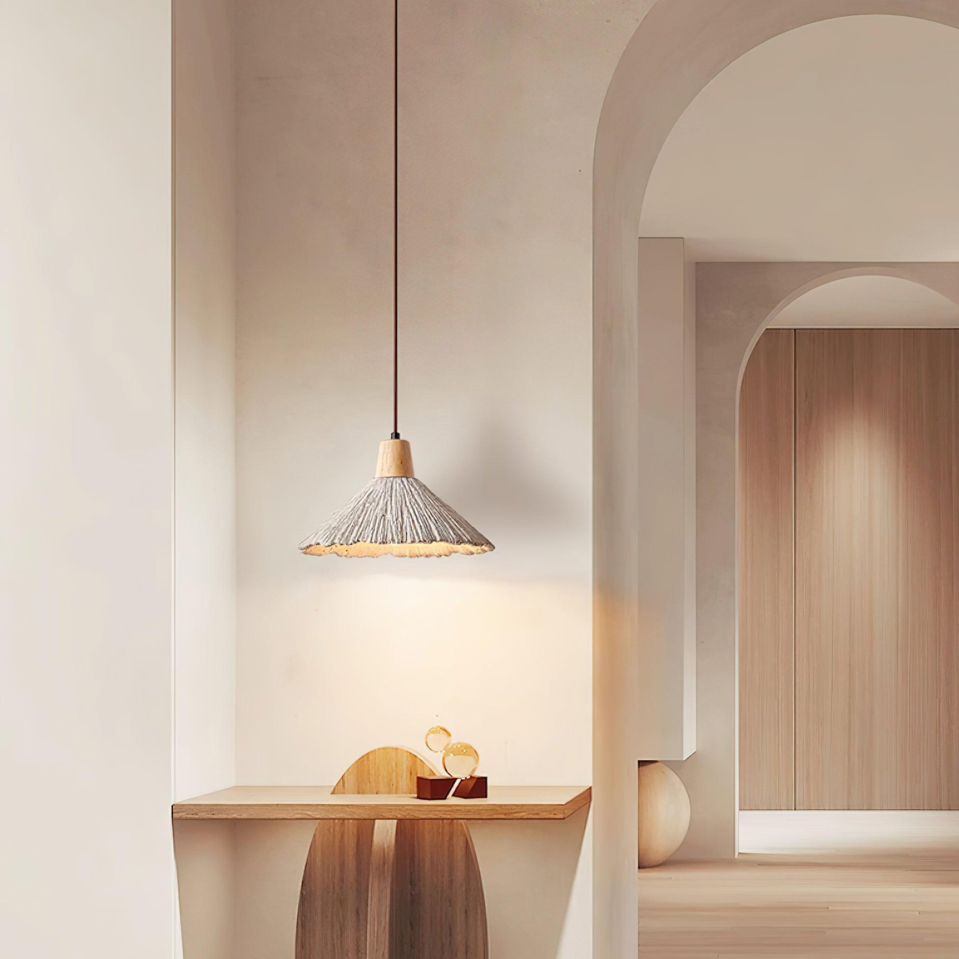 Pendant Lamp Wood Top Textured Cement Shade Grey Natural Japandi - Neutralighting