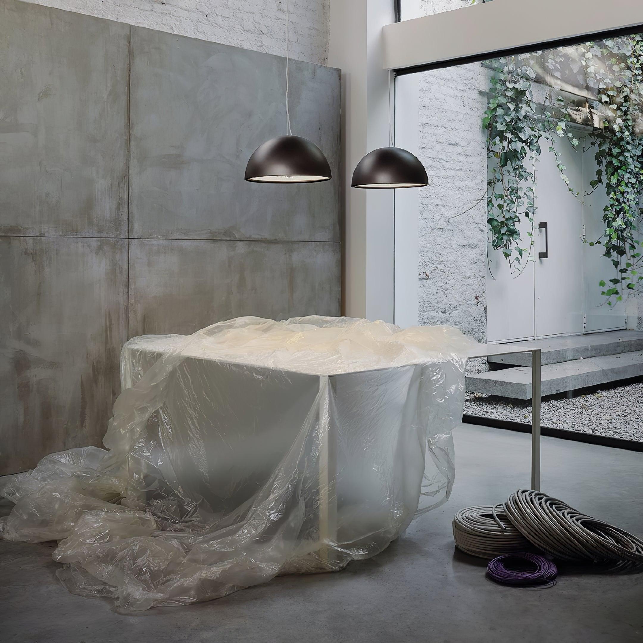 Pendant Lamp Black Dome with Embossed Plaster Interior Elegant - Neutralighting