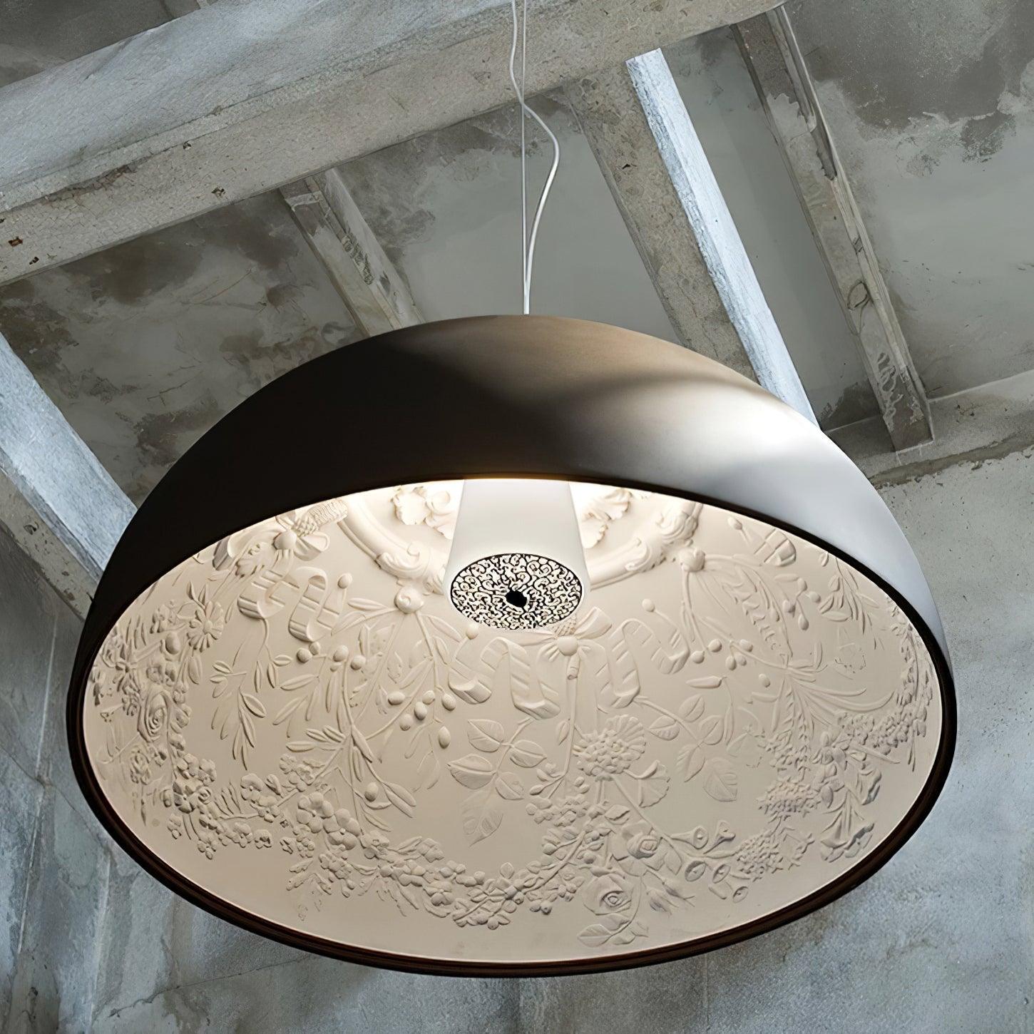 Pendant Lamp Black Dome with Embossed Plaster Interior Elegant - Neutralighting