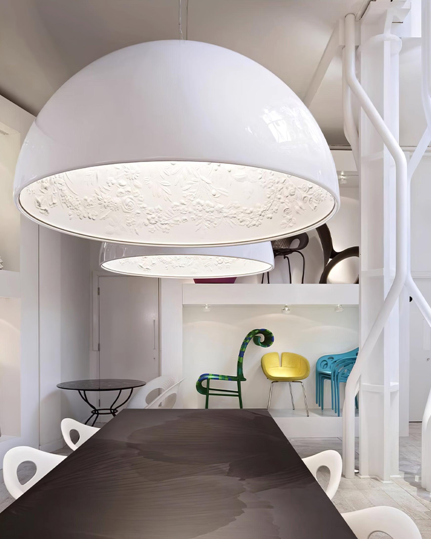 Pendant Lamp Black Dome with Embossed Plaster Interior Elegant - Neutralighting