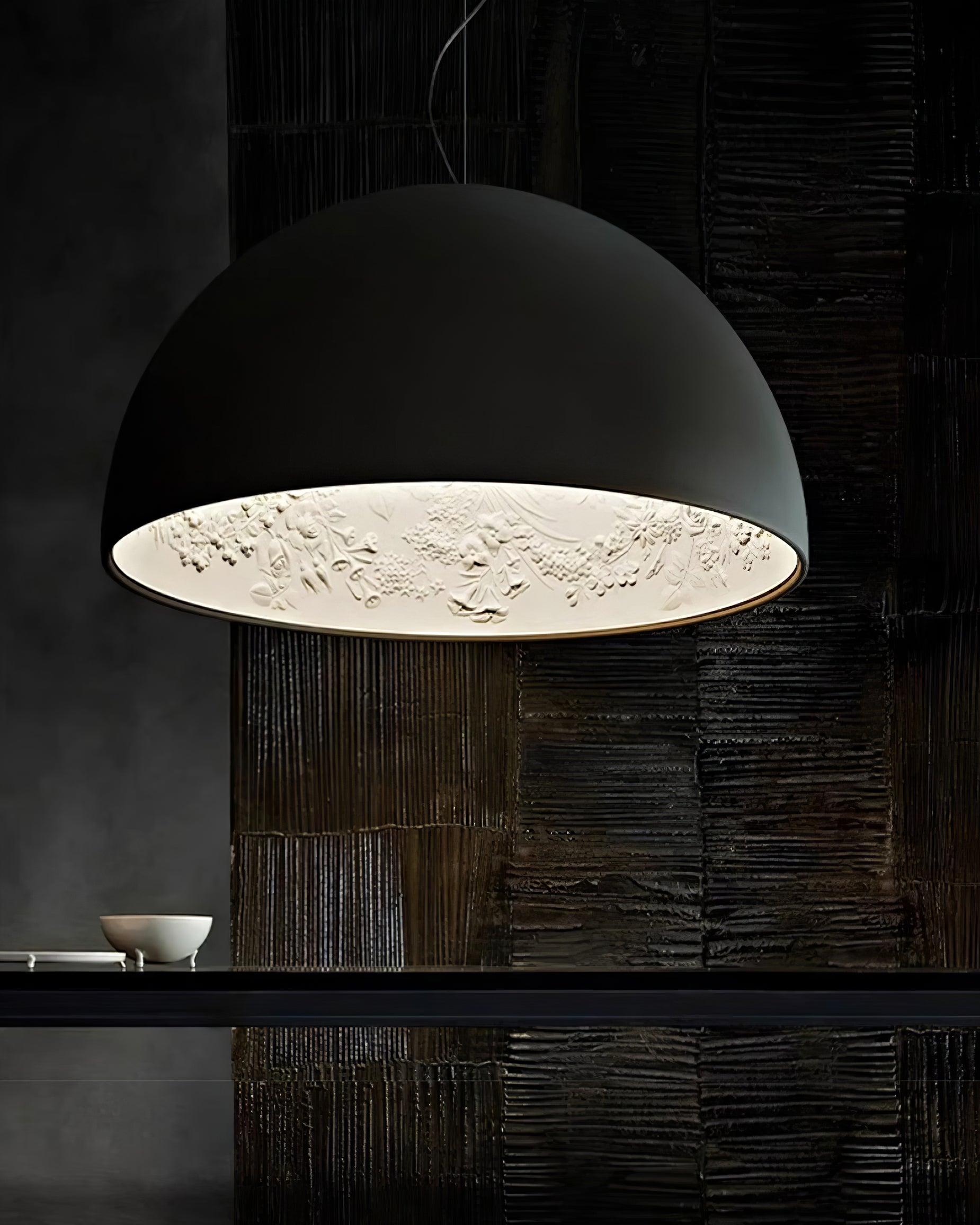 Pendant Lamp Black Dome with Embossed Plaster Interior Elegant - Neutralighting