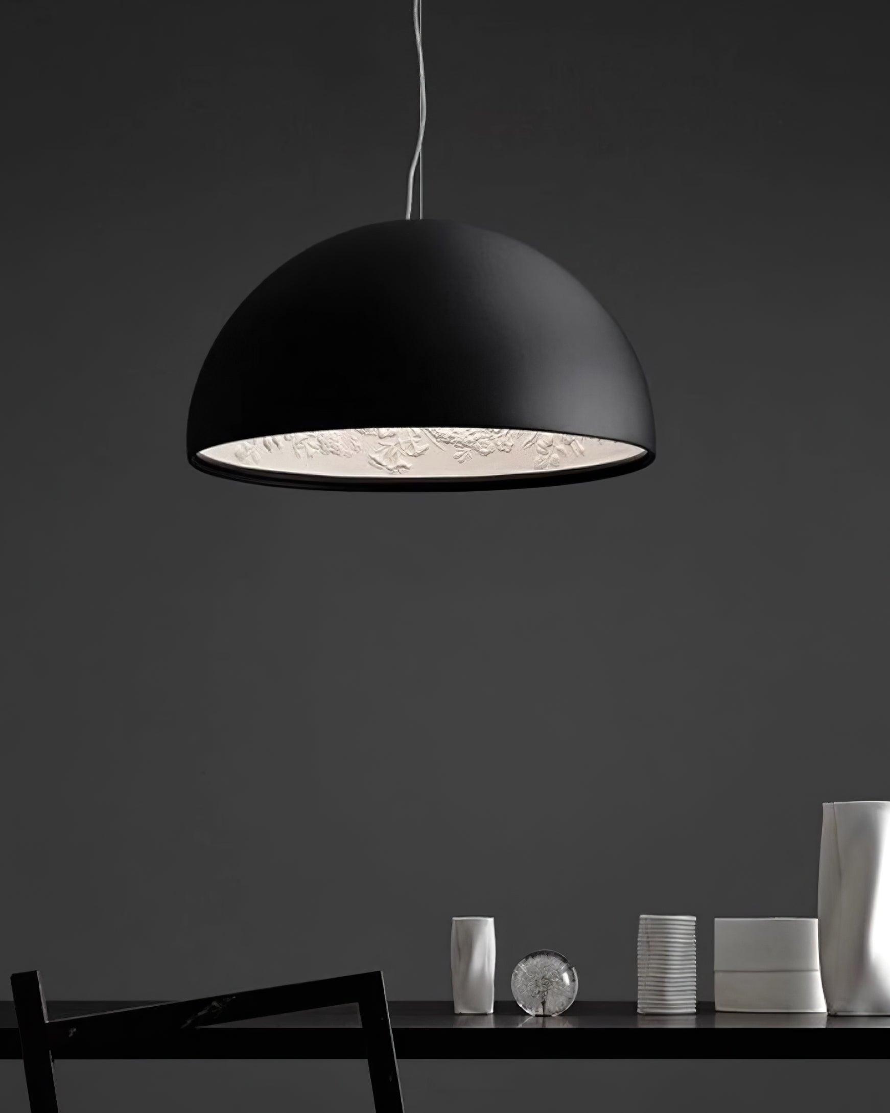 Pendant Lamp Black Dome with Embossed Plaster Interior Elegant - Neutralighting