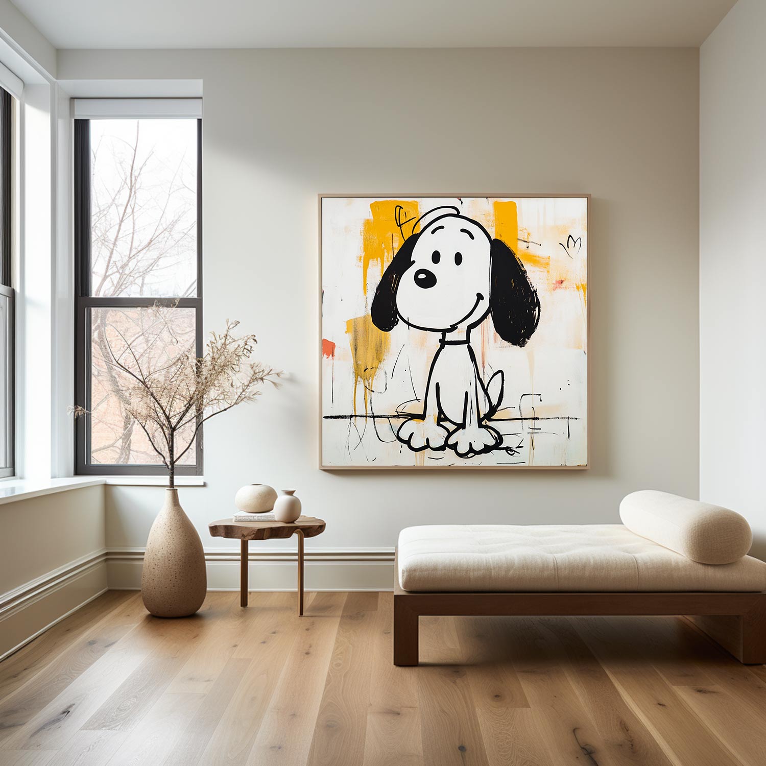 Black‑White‑Yellow Square Pop‑Art Dog Figure Sketch Textured Artwork