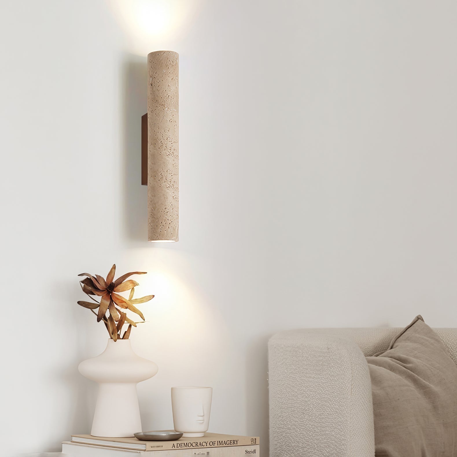 Olvaros Slim Cylinder Travertine Wall Light - Neutralighting