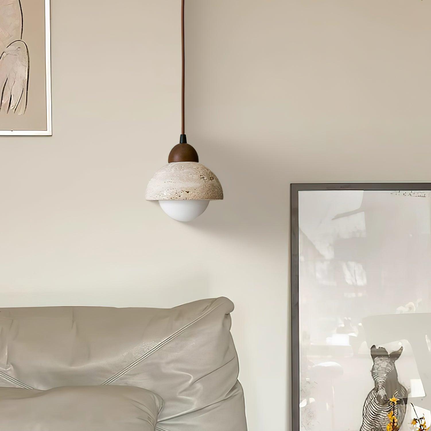 Pendant Lamp Wood Top Yellow Travertine Glass Shade White Beige Modern - Neutralighting