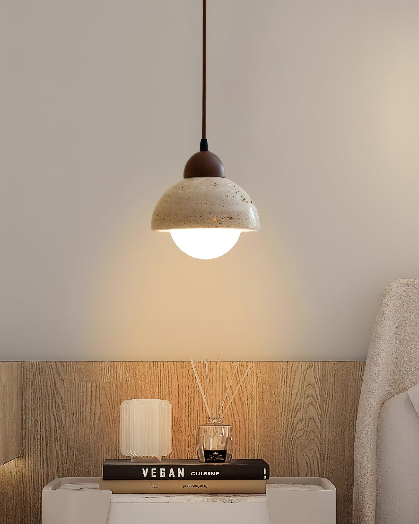 Pendant Lamp Wood Top Yellow Travertine Glass Shade White Beige Modern - Neutralighting