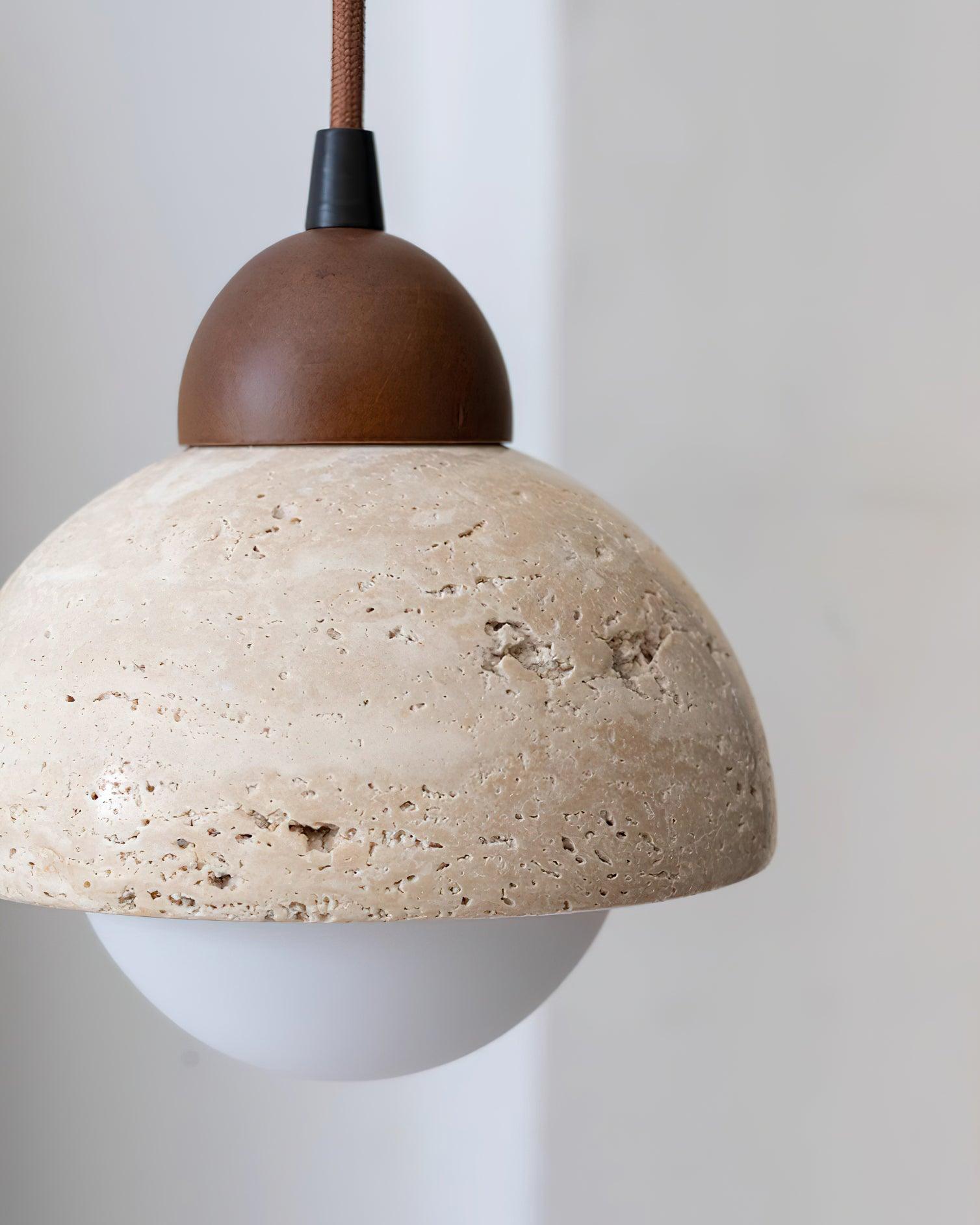 Pendant Lamp Wood Top Yellow Travertine Glass Shade White Beige Modern - Neutralighting