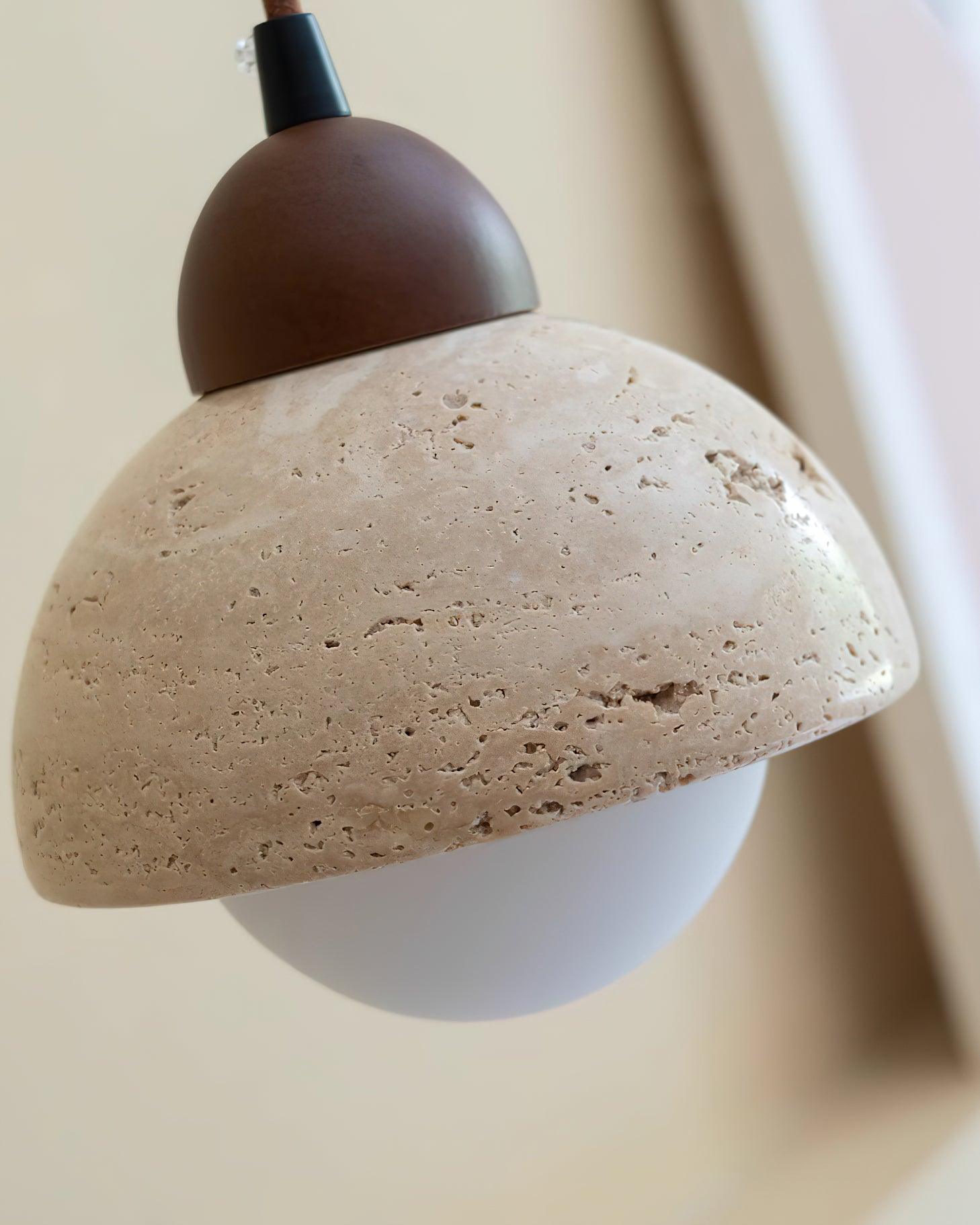 Pendant Lamp Wood Top Yellow Travertine Glass Shade White Beige Modern - Neutralighting