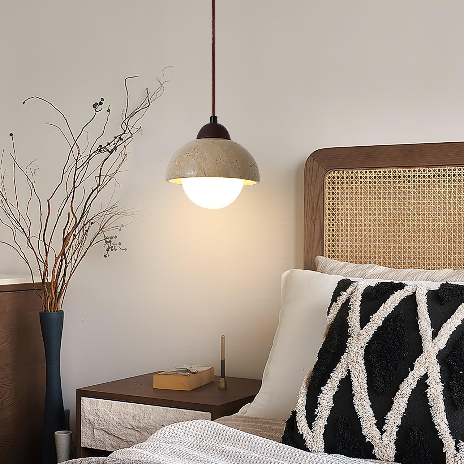 Pendant Lamp Wood Top Yellow Travertine Glass Shade White Beige Modern - Neutralighting