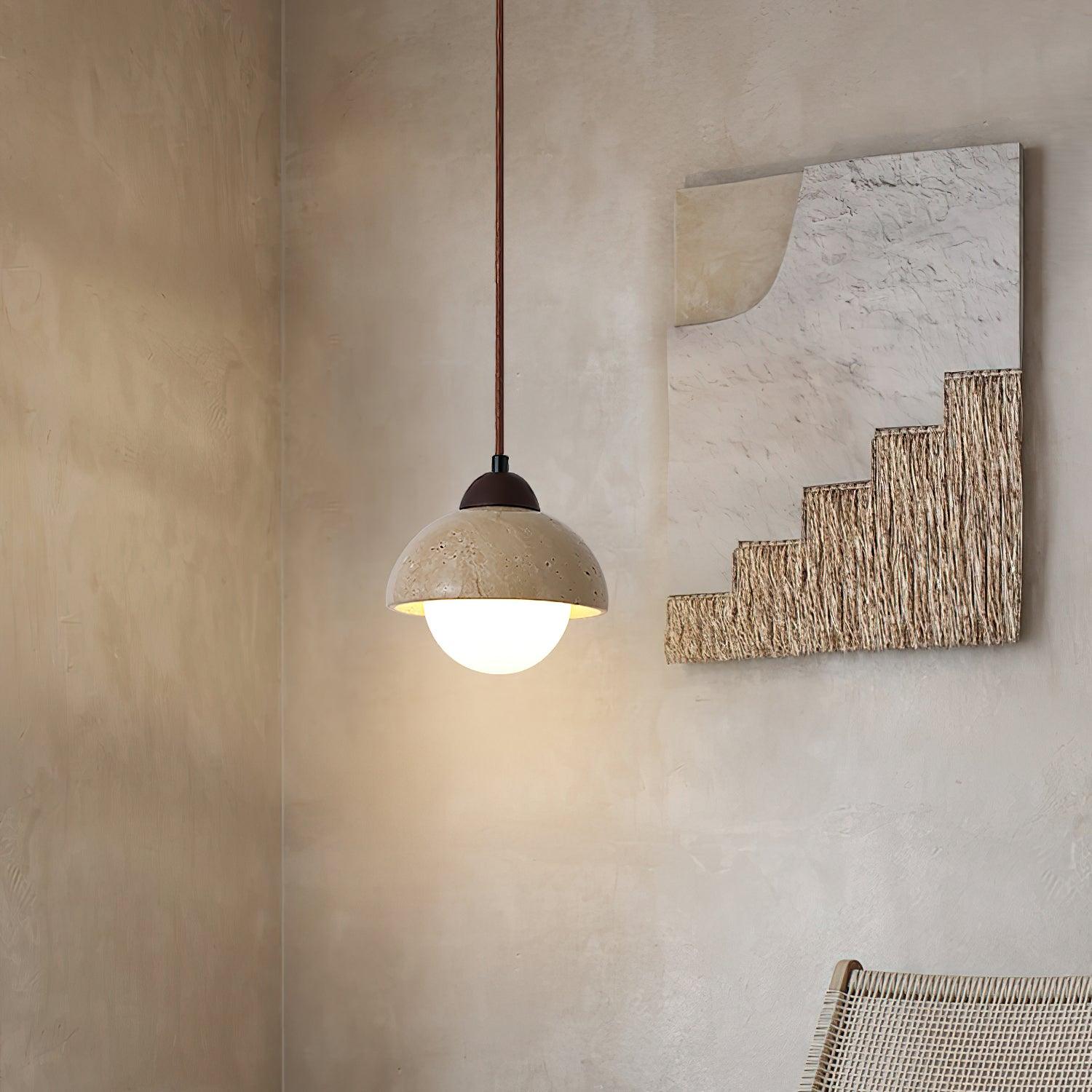 Pendant Lamp Wood Top Yellow Travertine Glass Shade White Beige Modern - Neutralighting