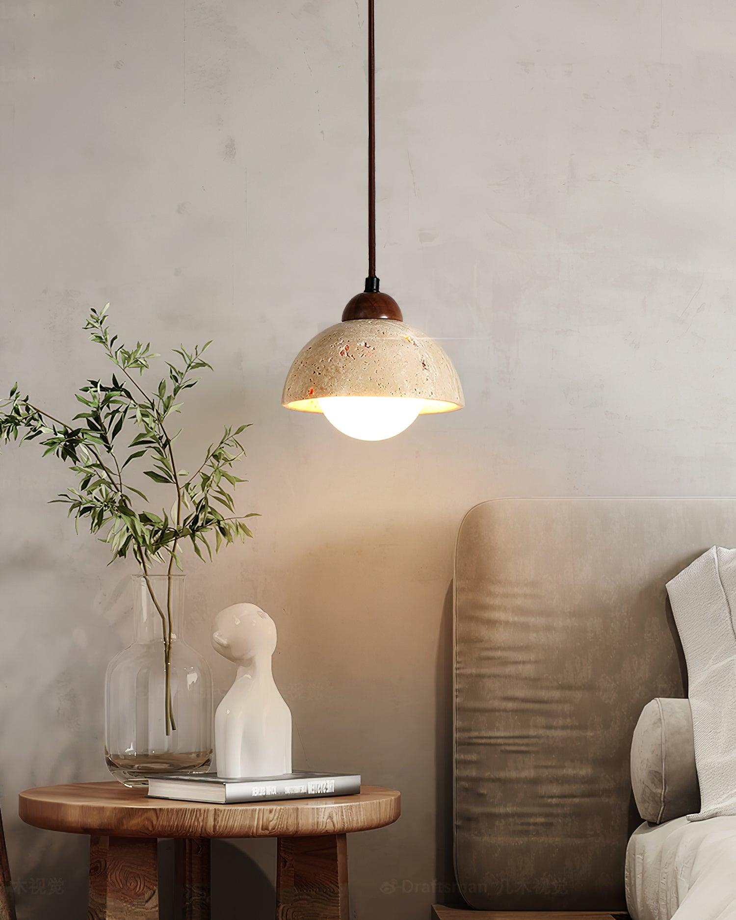 Pendant Lamp Wood Top Yellow Travertine Glass Shade White Beige Modern - Neutralighting