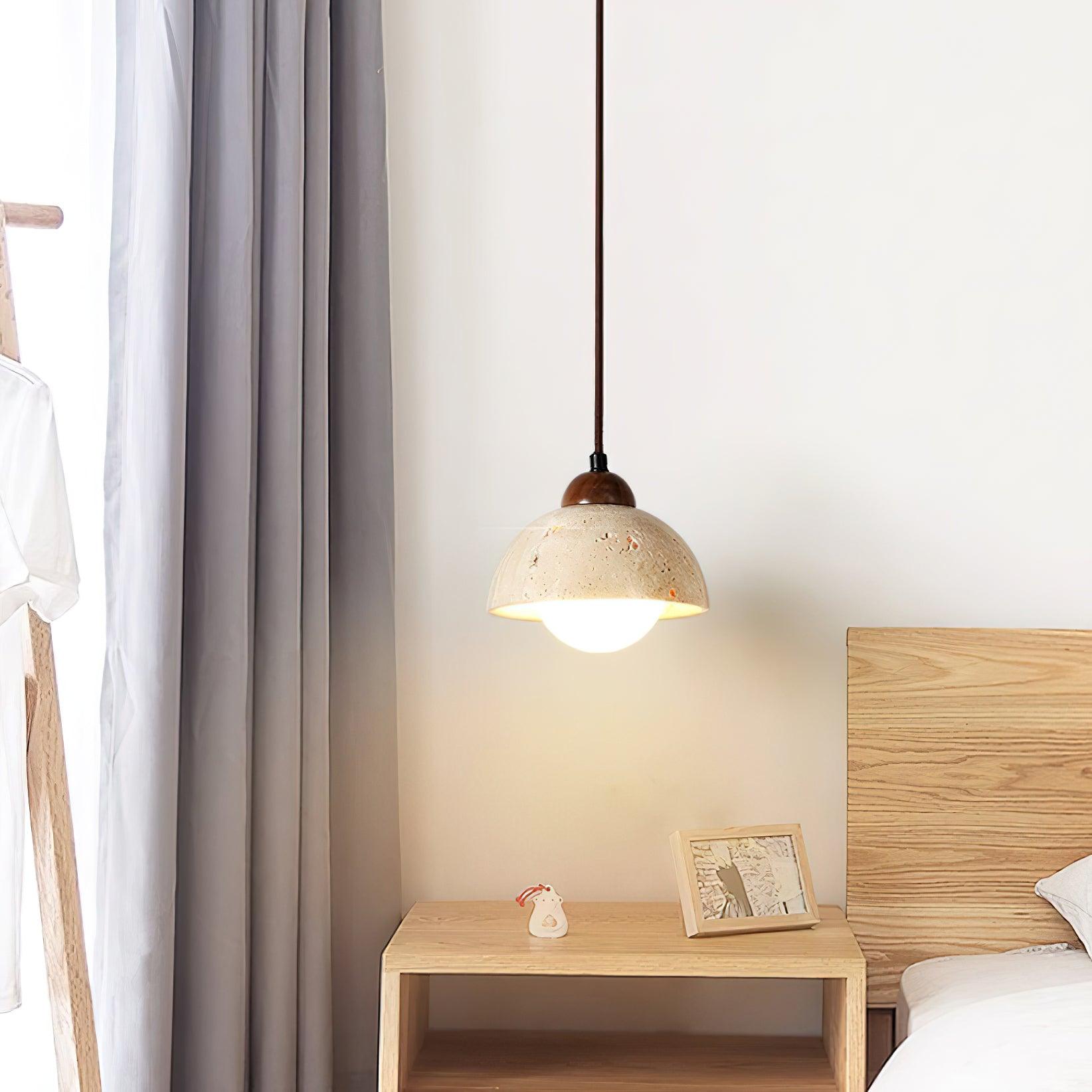 Pendant Lamp Wood Top Yellow Travertine Glass Shade White Beige Modern - Neutralighting