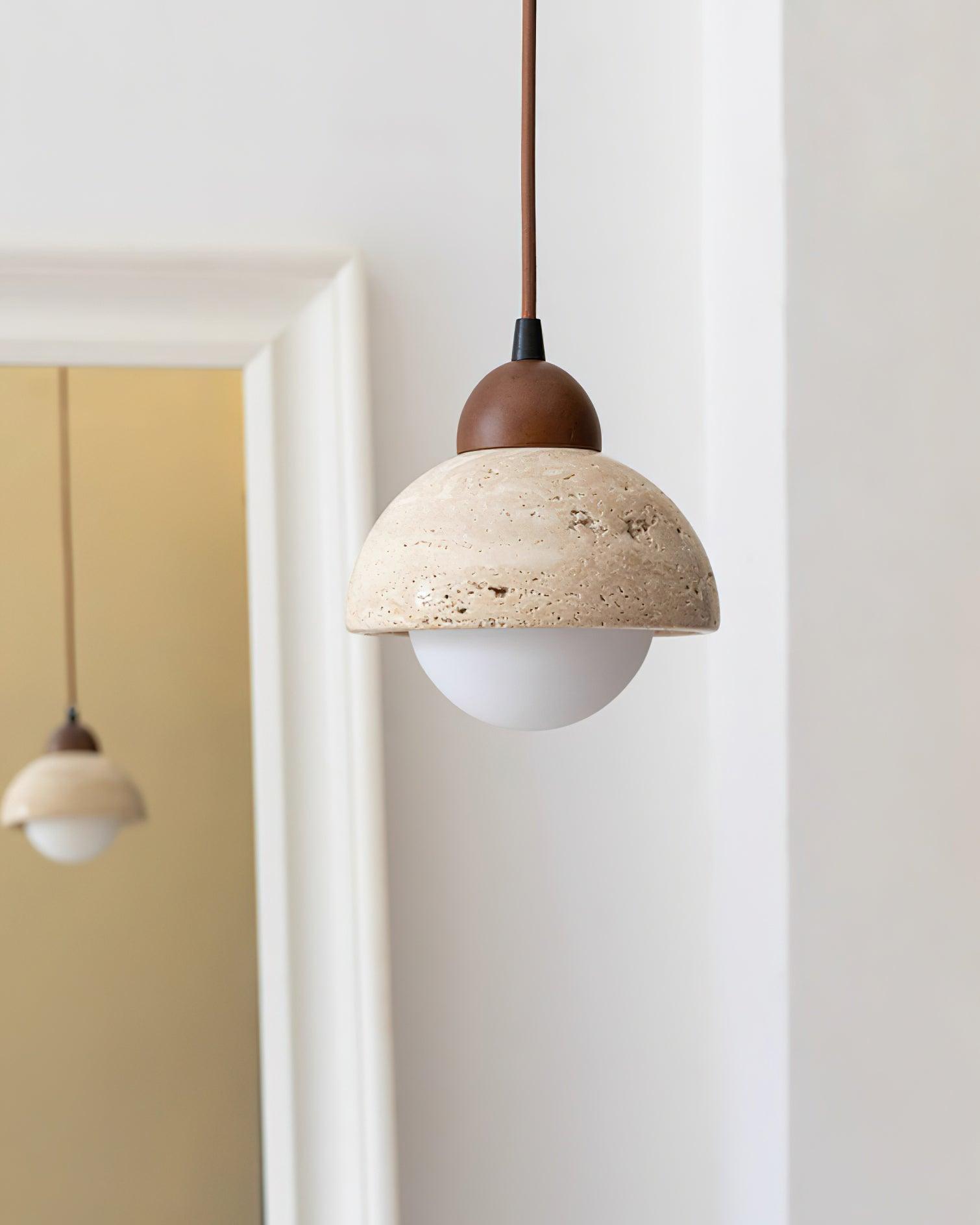 Pendant Lamp Wood Top Yellow Travertine Glass Shade White Beige Modern - Neutralighting