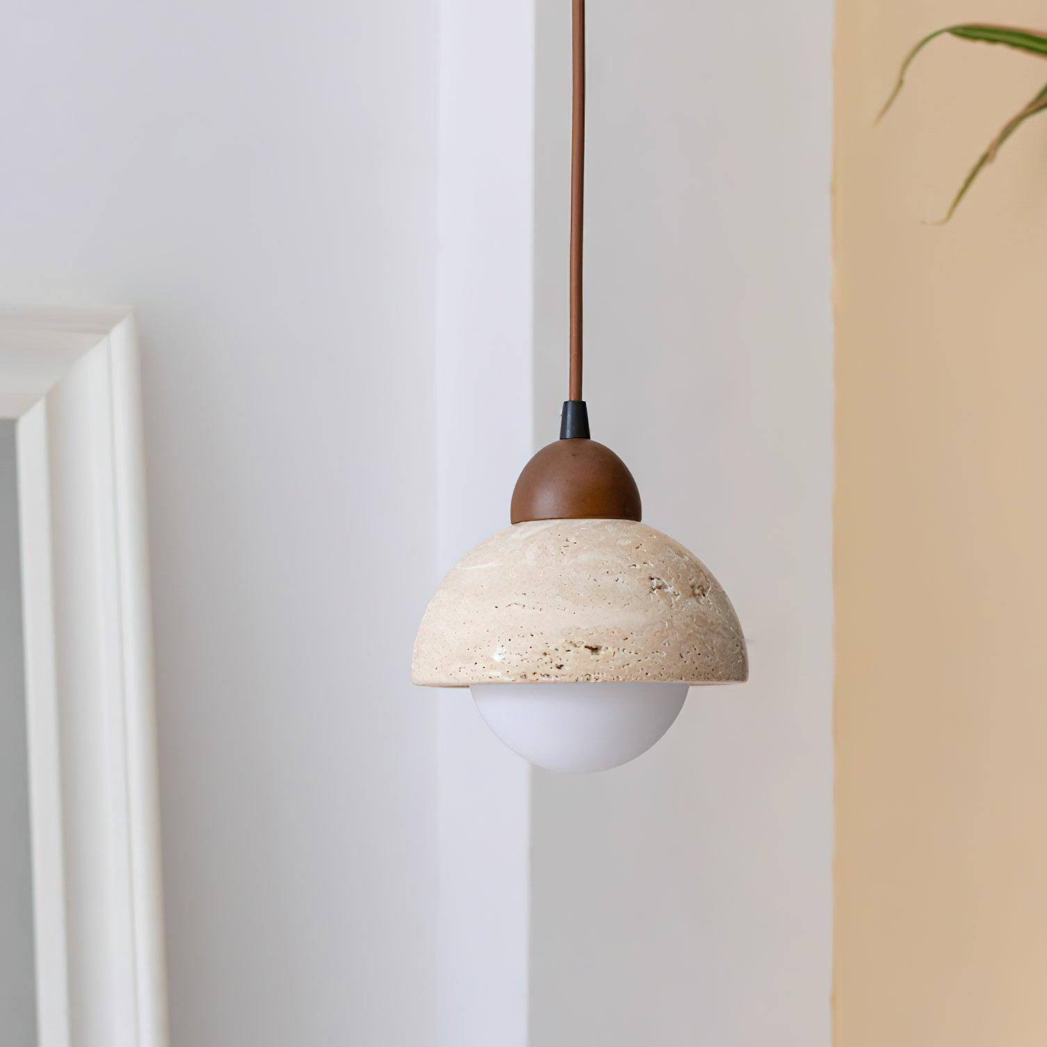 Pendant Lamp Wood Top Yellow Travertine Glass Shade White Beige Modern - Neutralighting
