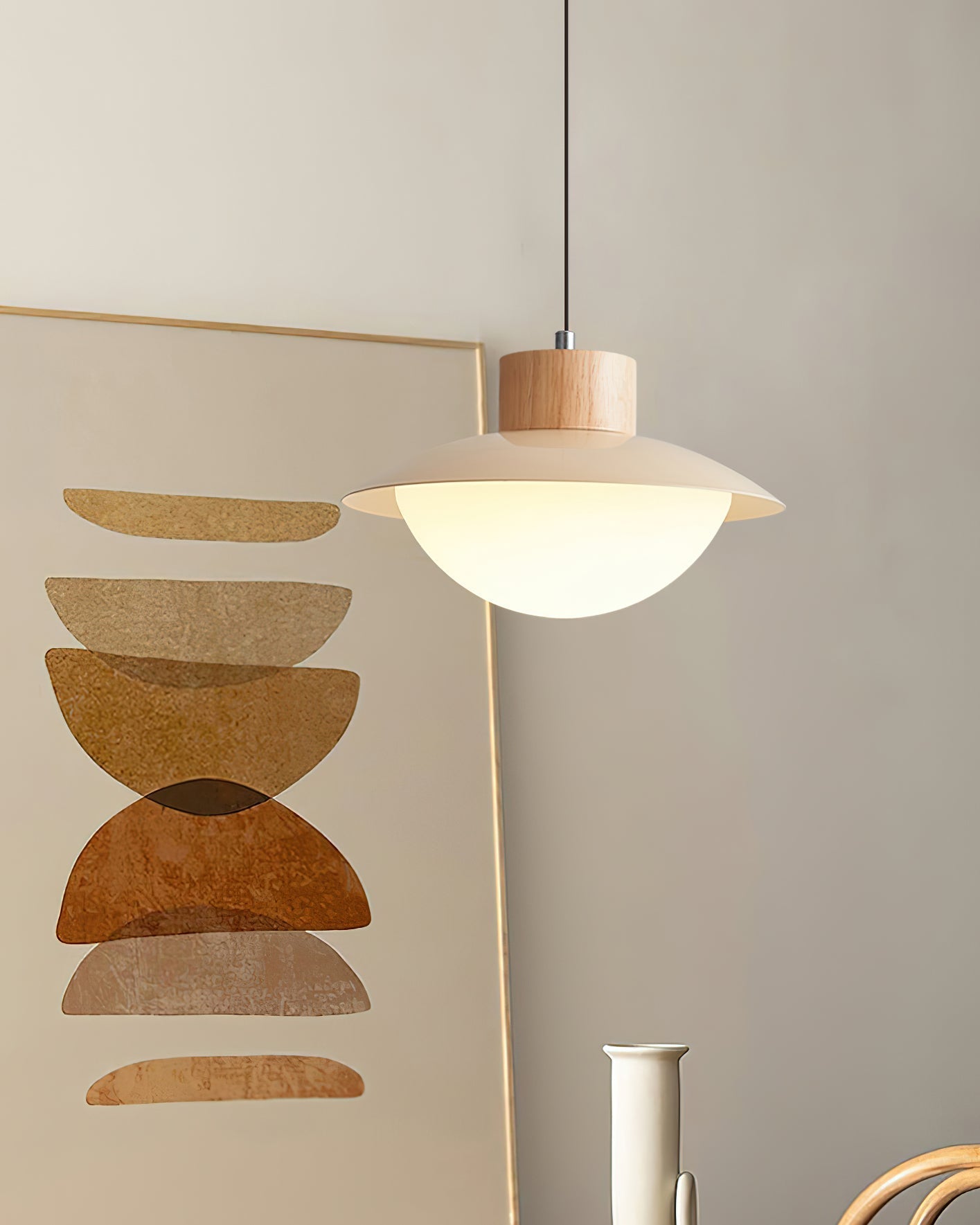 Pendant Lamp Metal and Wood PE Shade Dome Shape Minimalist - Neutralighting