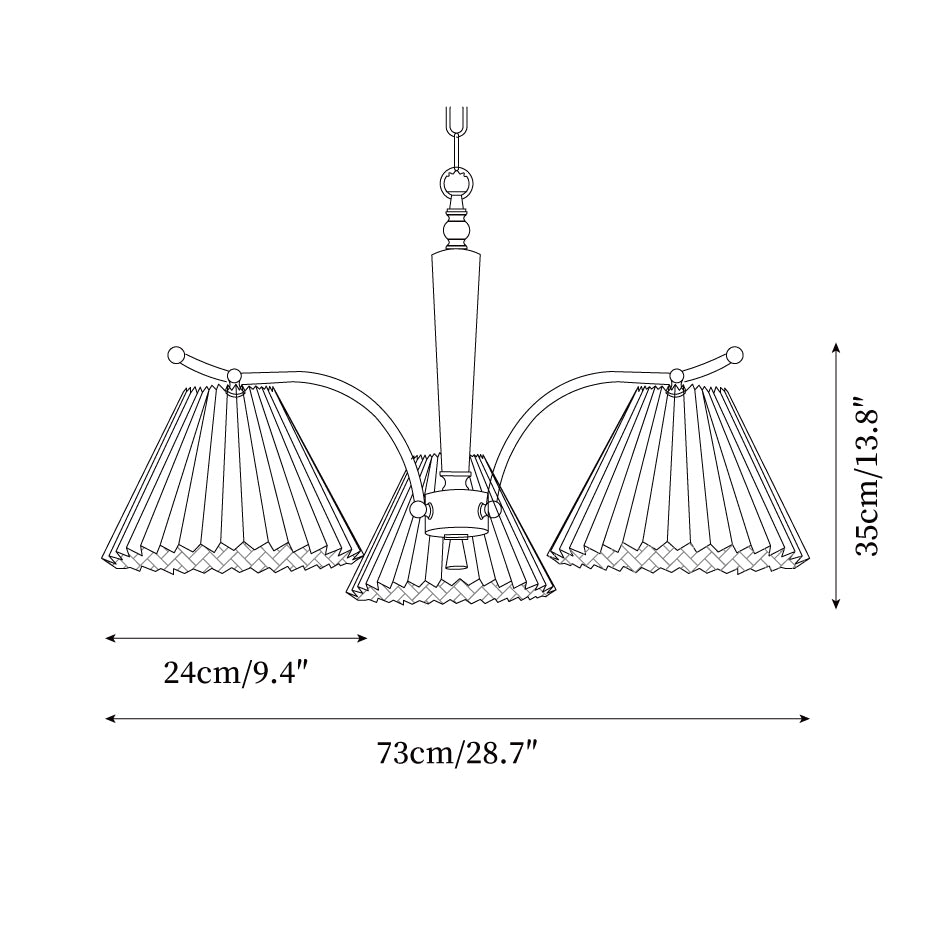 Chandelier Pleated Fabric Shades Walnut Brass Arms Warm Retro - Neutralighting