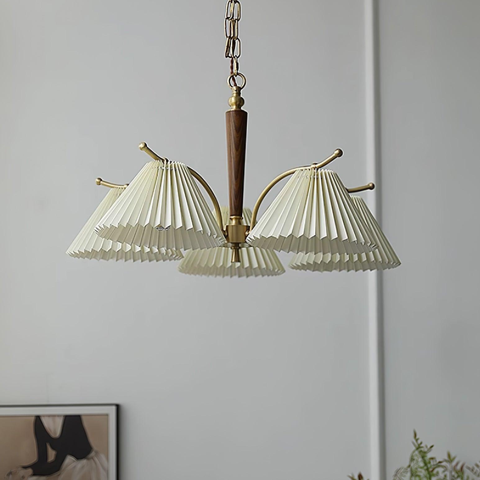 Chandelier Pleated Fabric Shades Walnut Brass Arms Warm Retro - Neutralighting