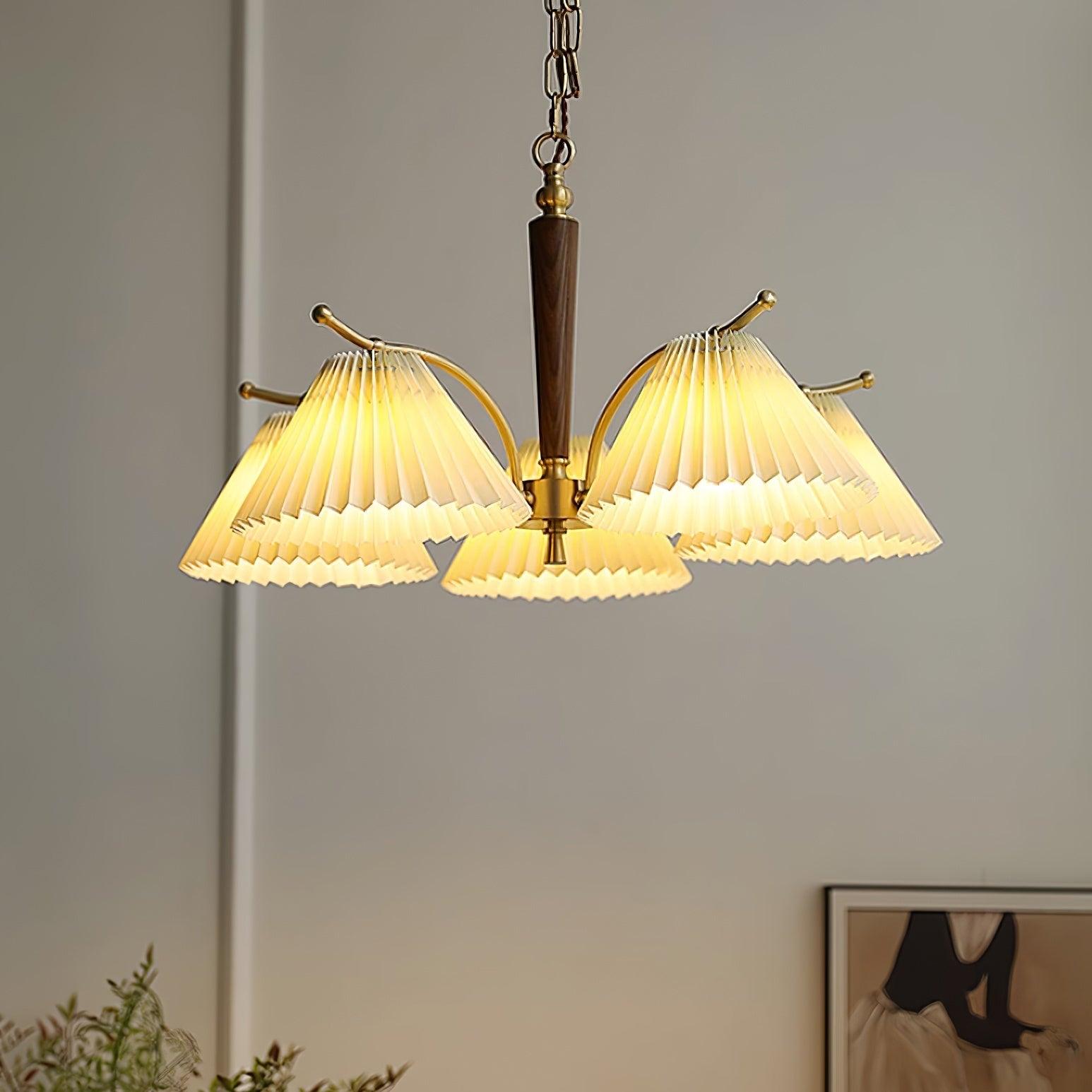 Chandelier Pleated Fabric Shades Walnut Brass Arms Warm Retro - Neutralighting