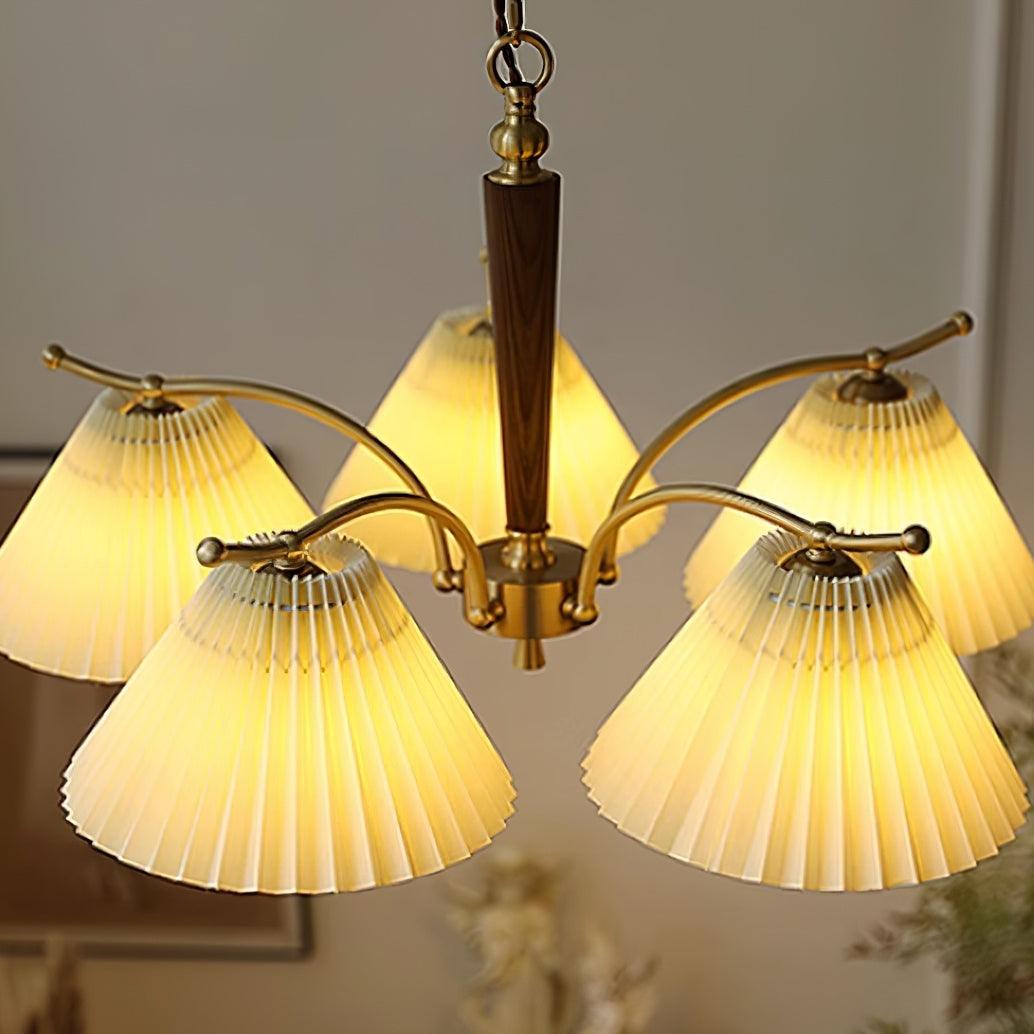 Chandelier Pleated Fabric Shades Walnut Brass Arms Warm Retro - Neutralighting