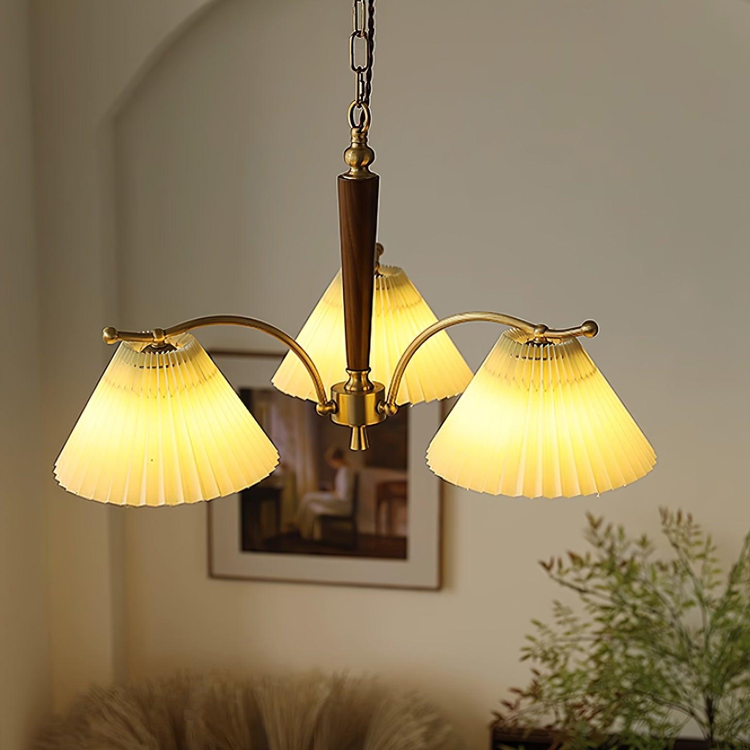 Chandelier Pleated Fabric Shades Walnut Brass Arms Warm Retro - Neutralighting