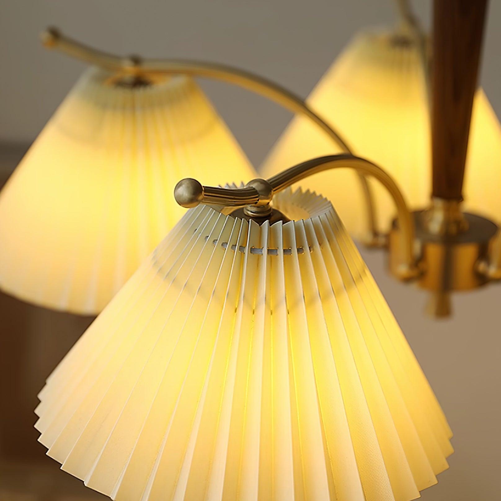 Chandelier Pleated Fabric Shades Walnut Brass Arms Warm Retro - Neutralighting