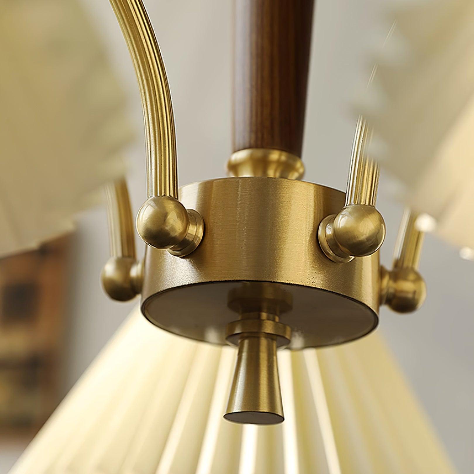 Chandelier Pleated Fabric Shades Walnut Brass Arms Warm Retro - Neutralighting